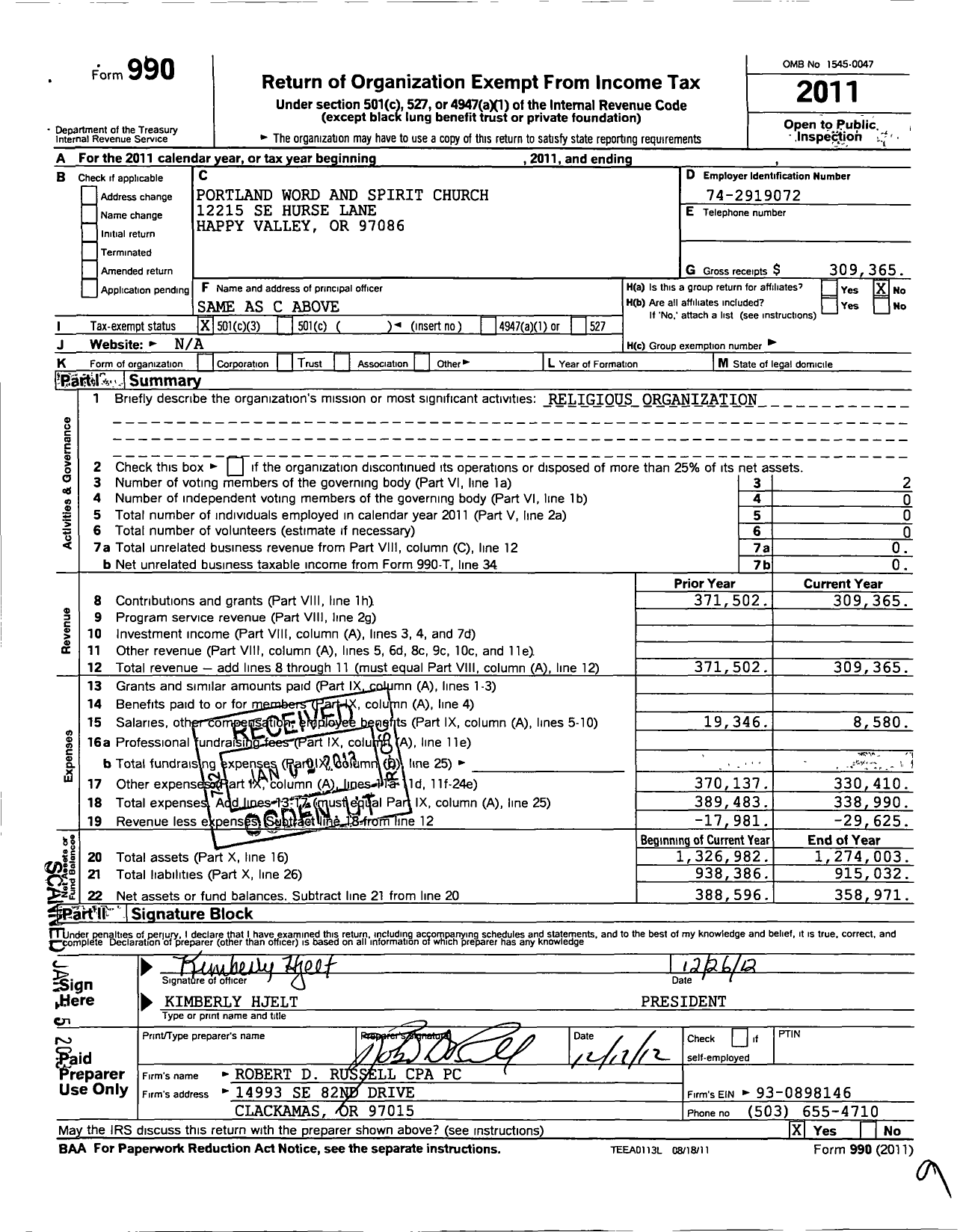 Image of first page of 2011 Form 990 for Portland Word & Spirit Church