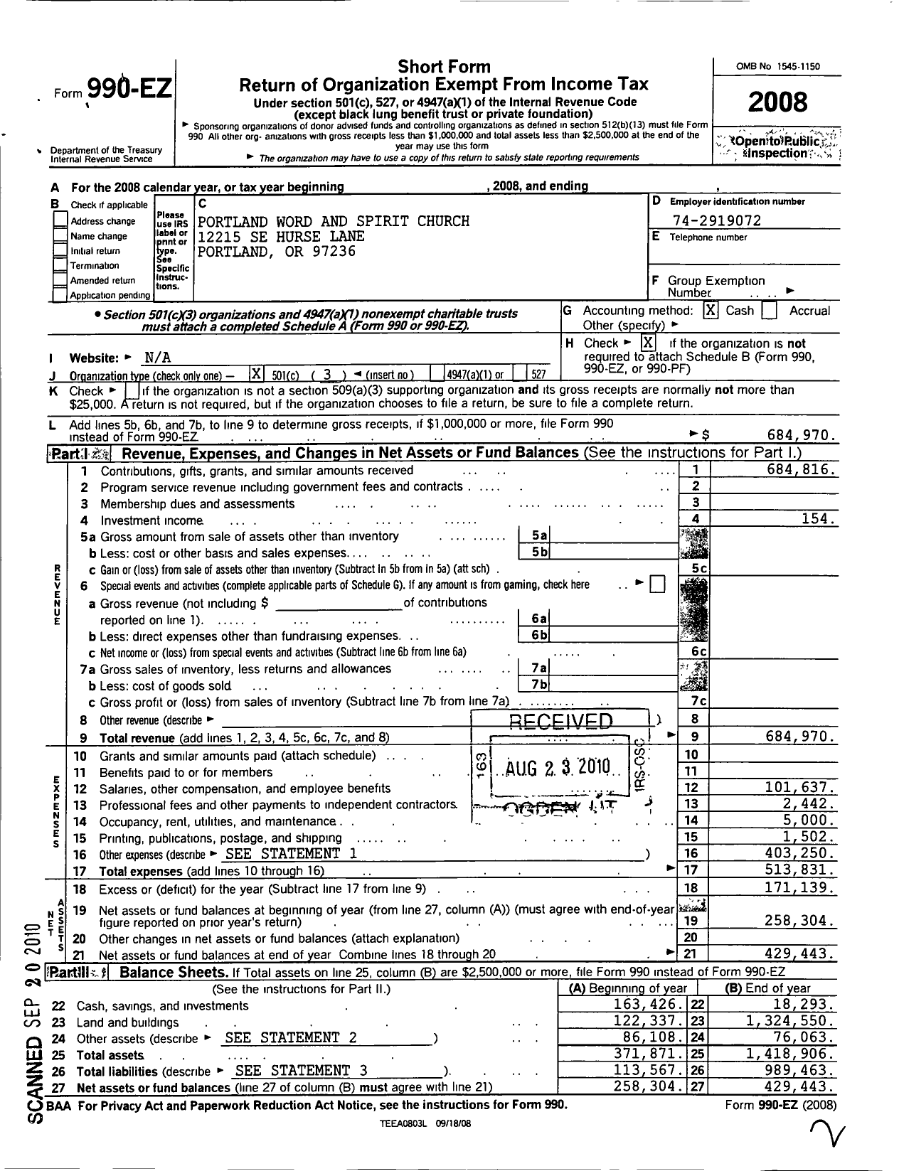 Image of first page of 2008 Form 990EZ for Portland Word & Spirit Church