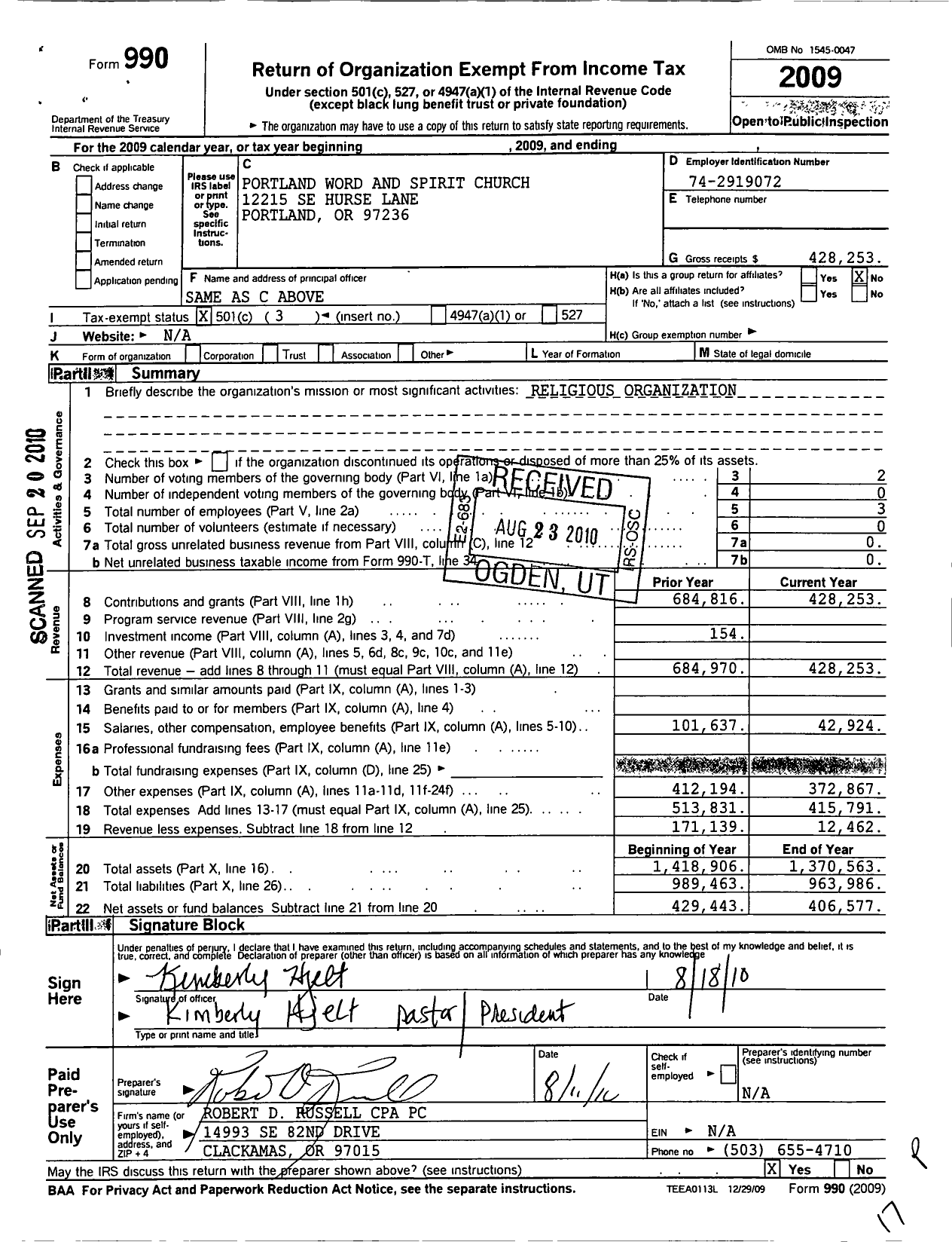 Image of first page of 2009 Form 990 for Portland Word & Spirit Church