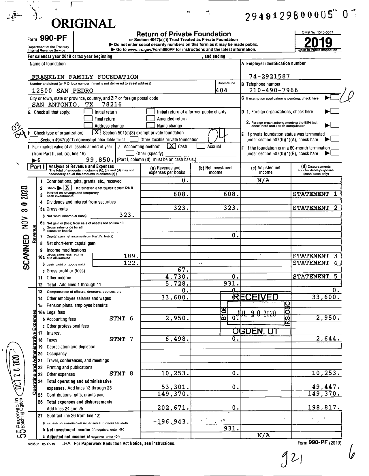 Image of first page of 2019 Form 990PF for Franklin Family Foundation