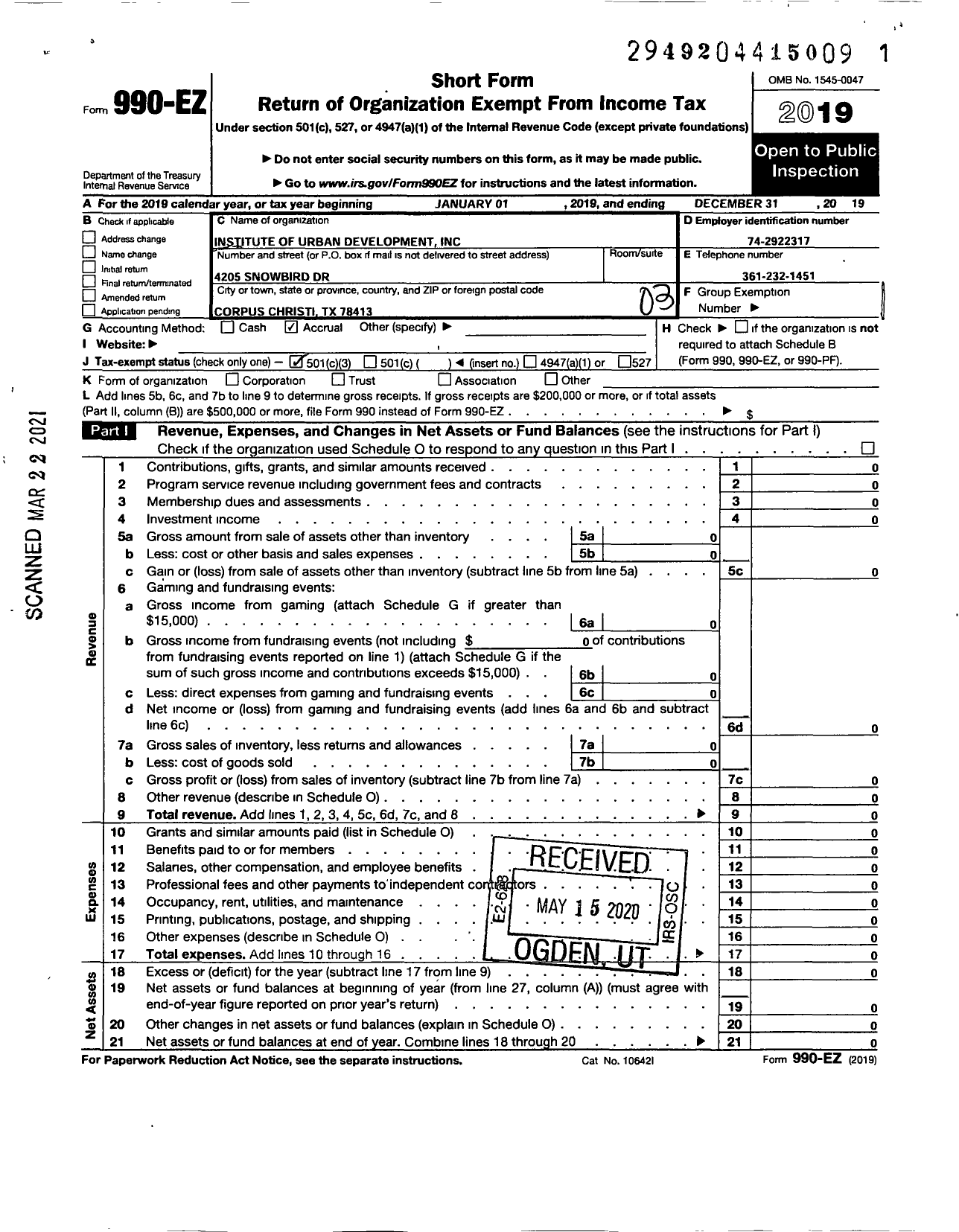 Image of first page of 2019 Form 990EZ for Institute of Urban Development