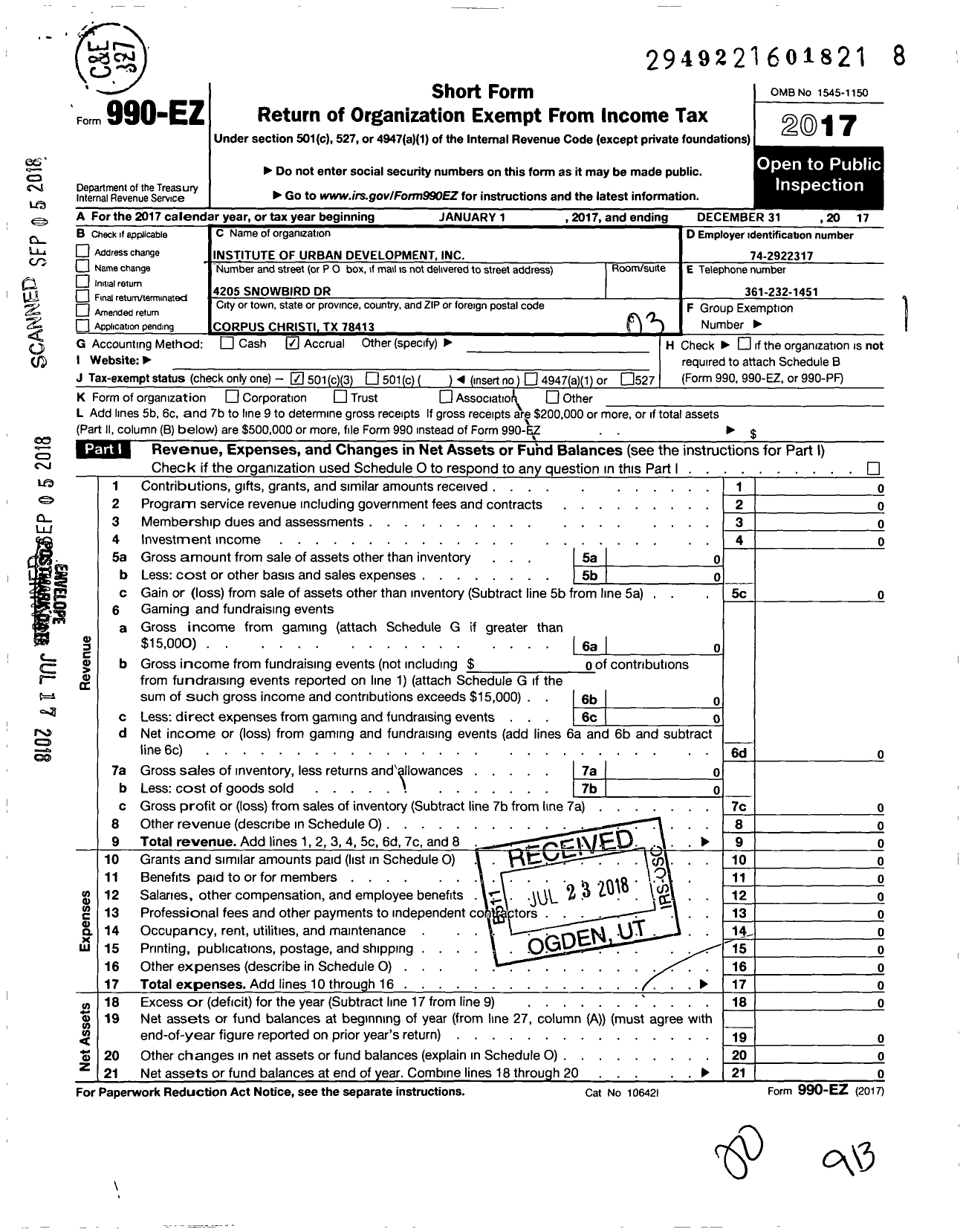 Image of first page of 2017 Form 990EZ for Institute of Urban Development