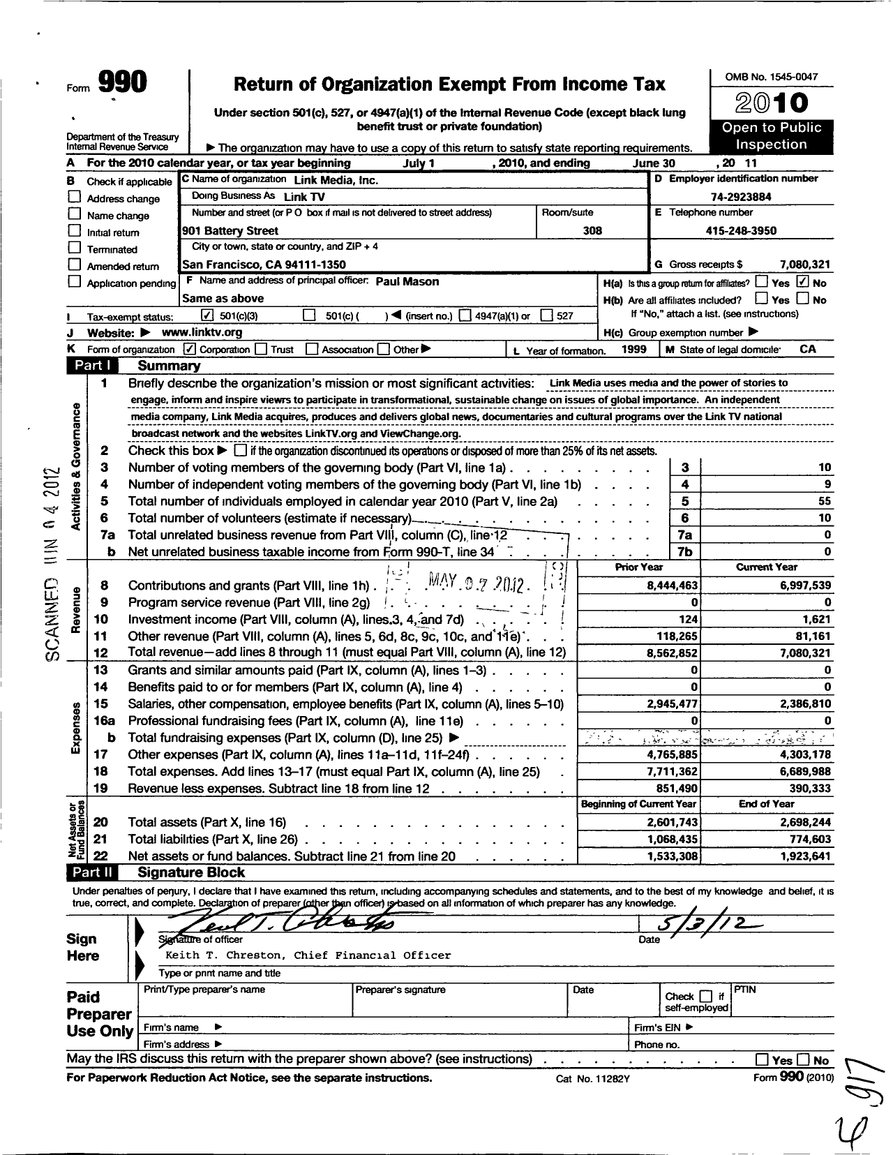 Image of first page of 2010 Form 990 for Link Media