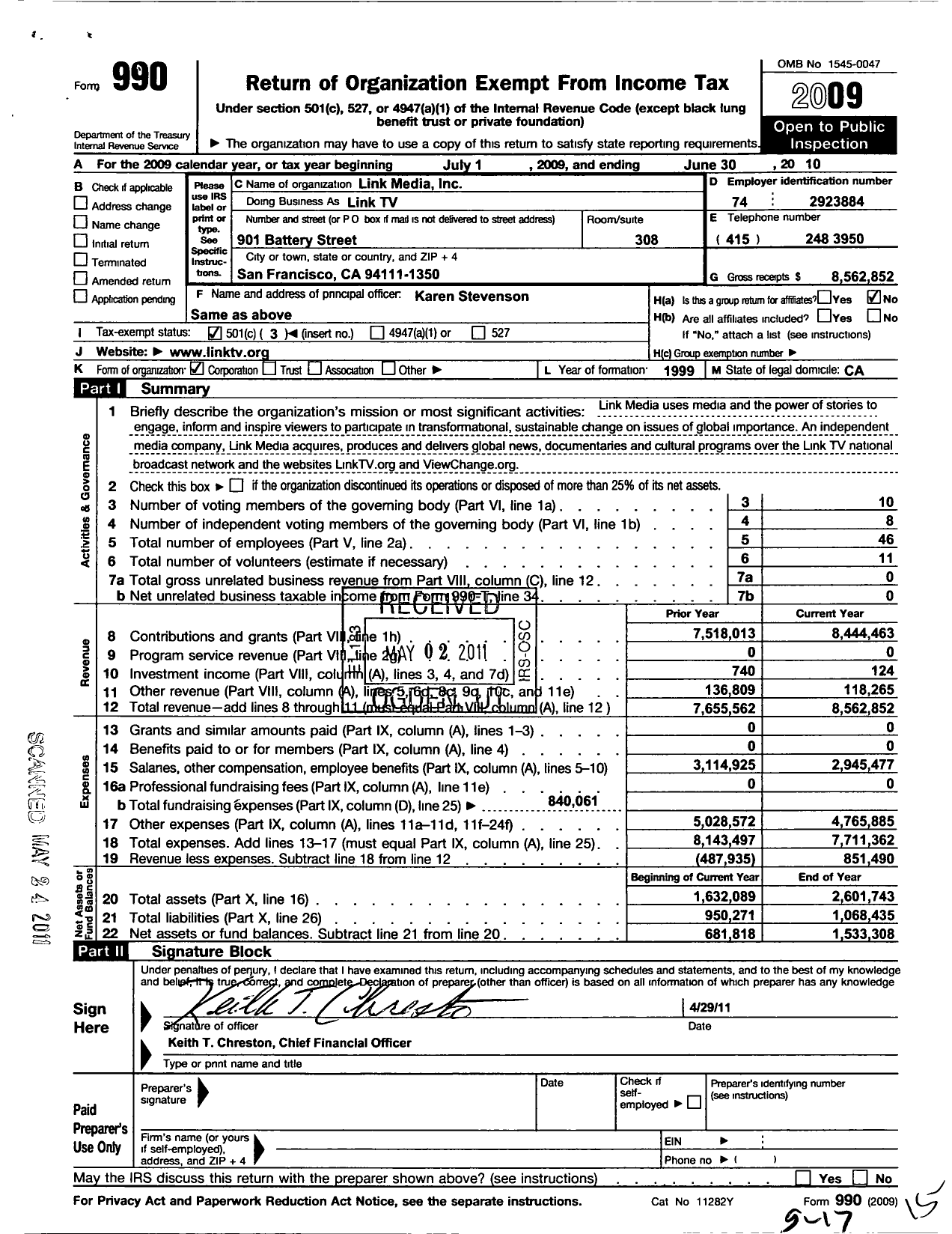 Image of first page of 2009 Form 990 for Link Media