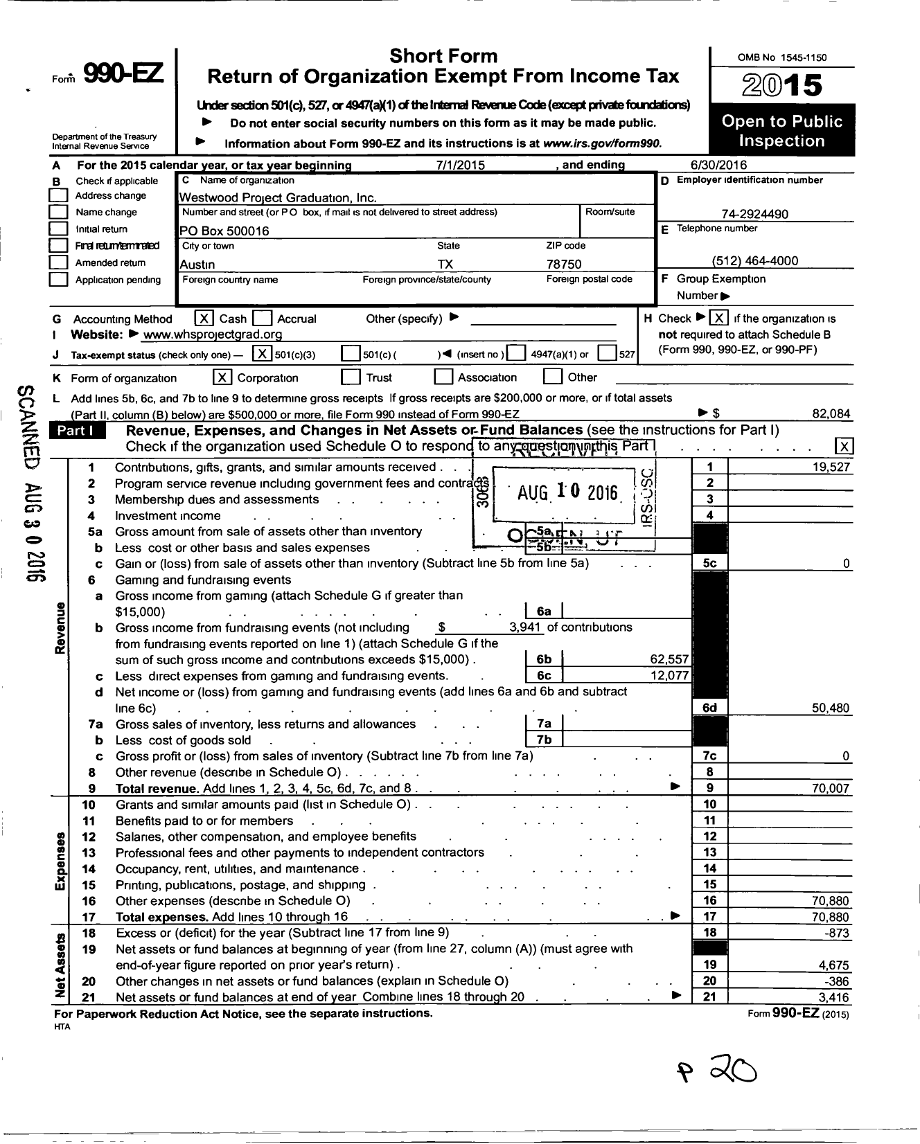 Image of first page of 2015 Form 990EZ for Westwood Project Graduation