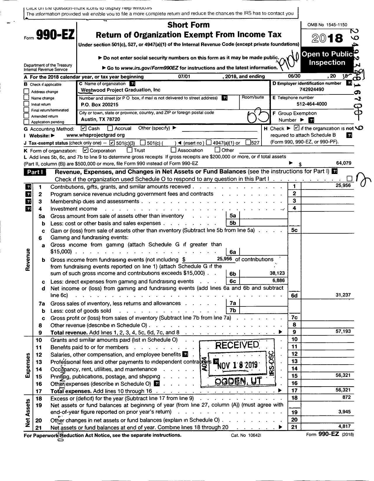 Image of first page of 2018 Form 990EZ for Westwood Project Graduation