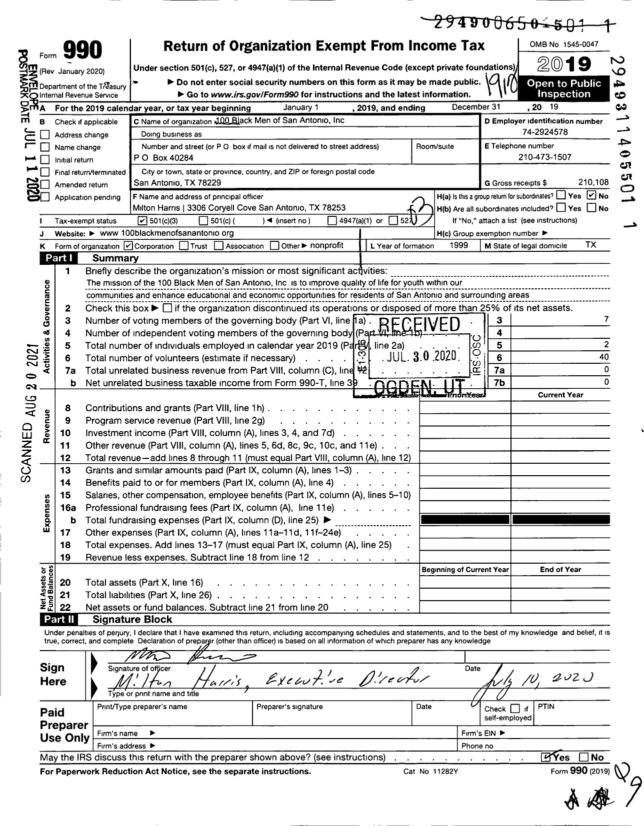 Image of first page of 2019 Form 990 for 100 Black Men of San Antonio