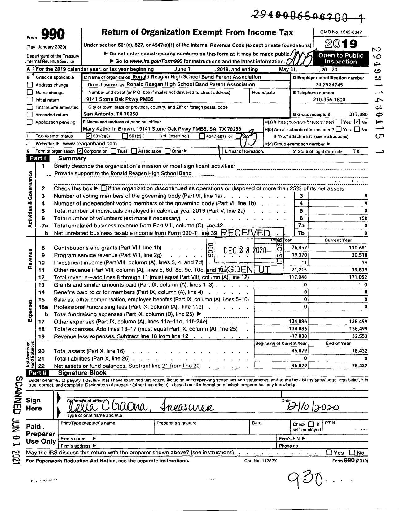 Image of first page of 2019 Form 990 for Ronald Reagan High School Band Parents Association