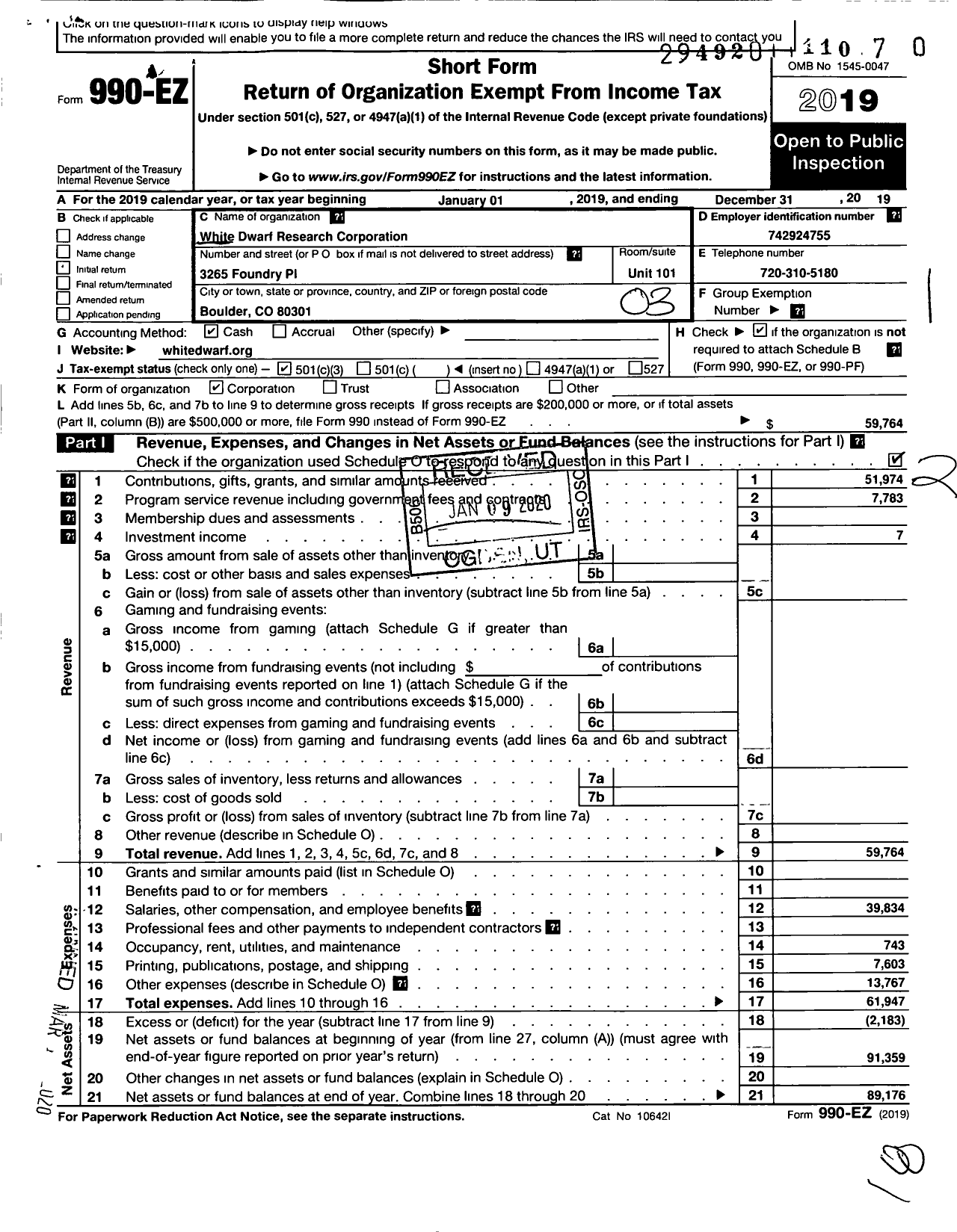 Image of first page of 2019 Form 990EZ for White Dwarf Research Corporation