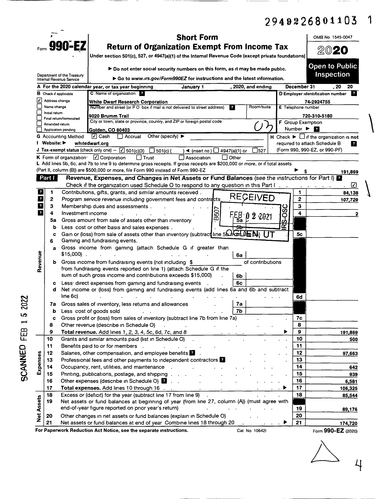 Image of first page of 2020 Form 990EZ for White Dwarf Research Corporation