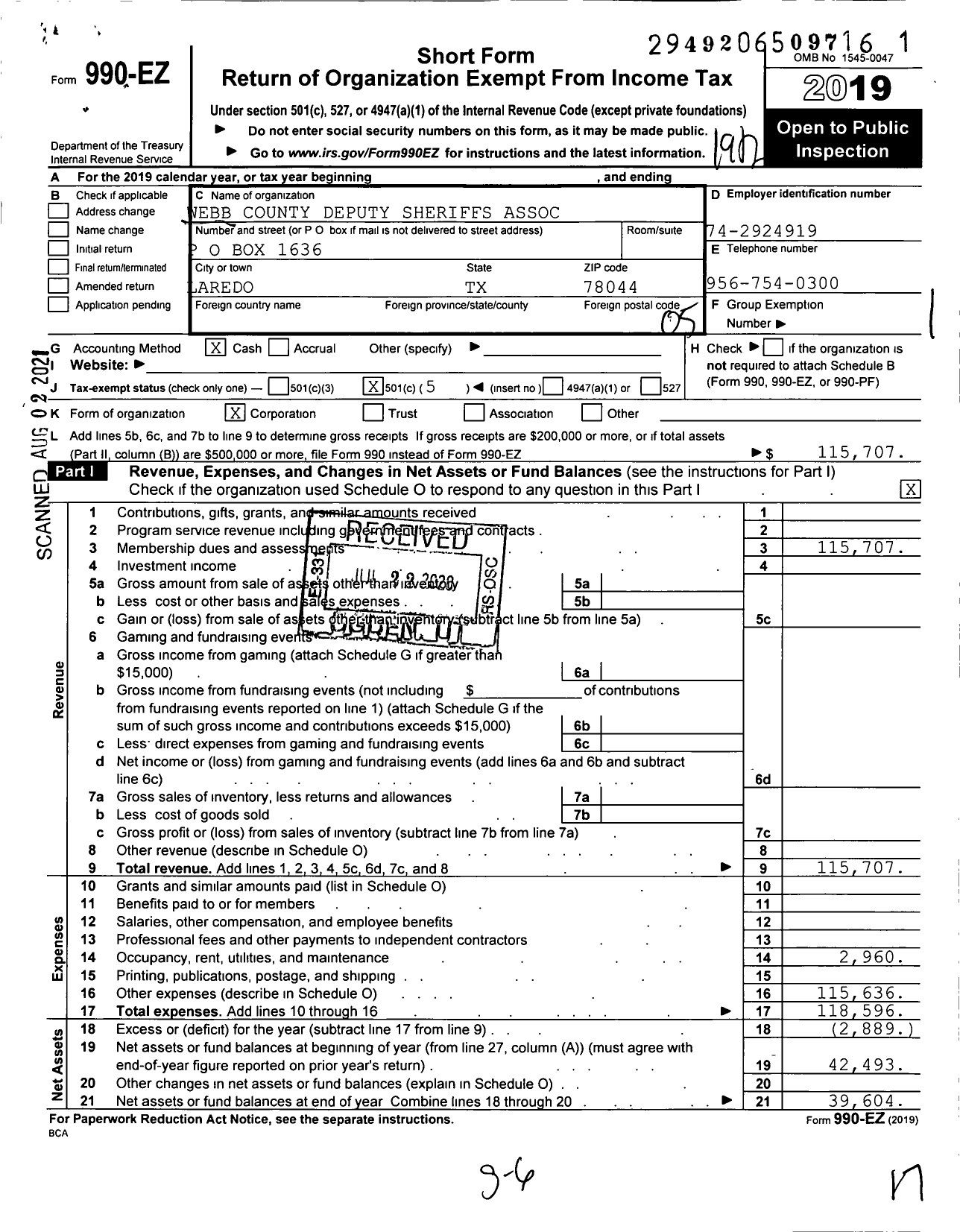 Image of first page of 2019 Form 990EO for Webb County Deputy Sheriffs Association