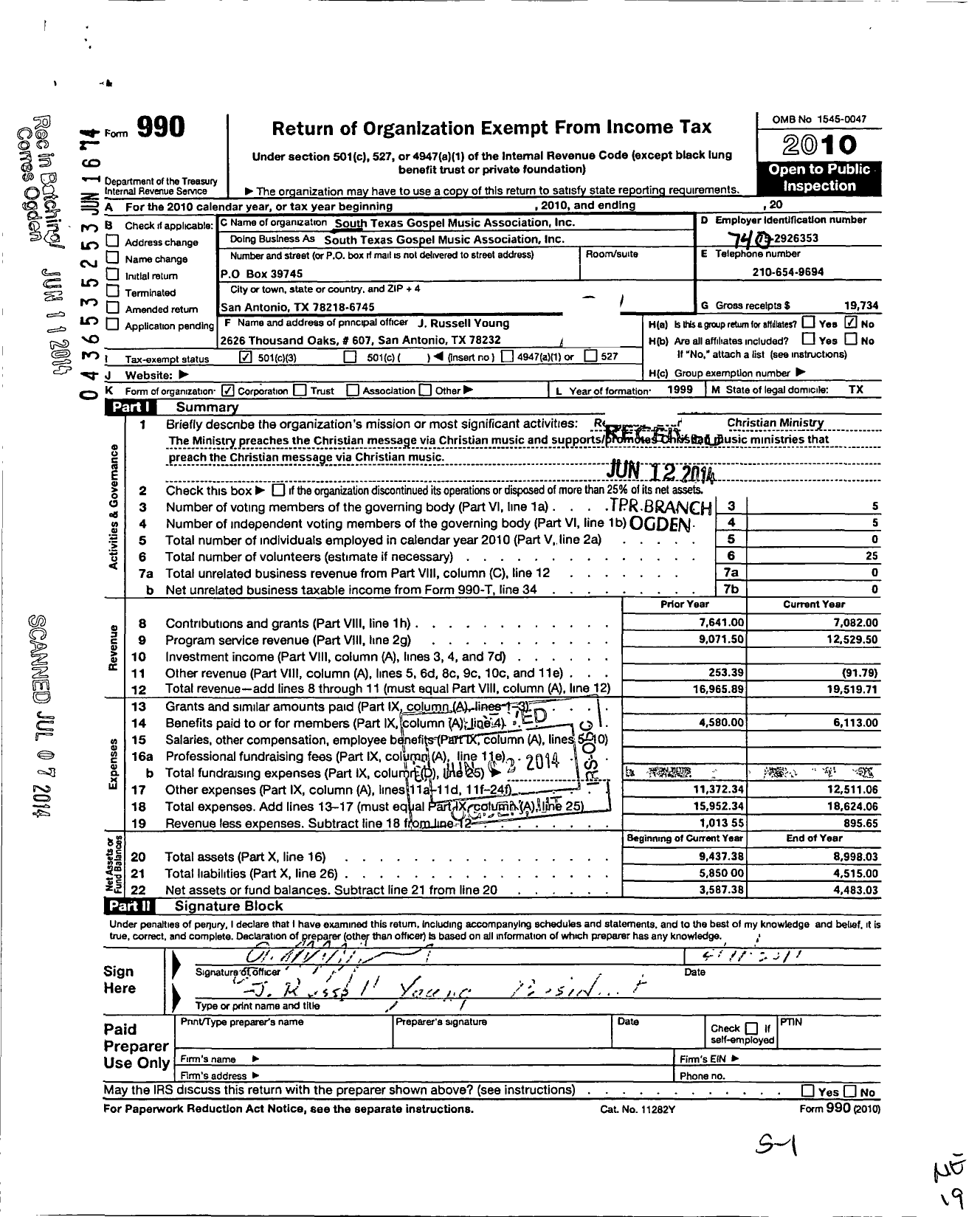 Image of first page of 2010 Form 990 for South Texas Gospel Music Association