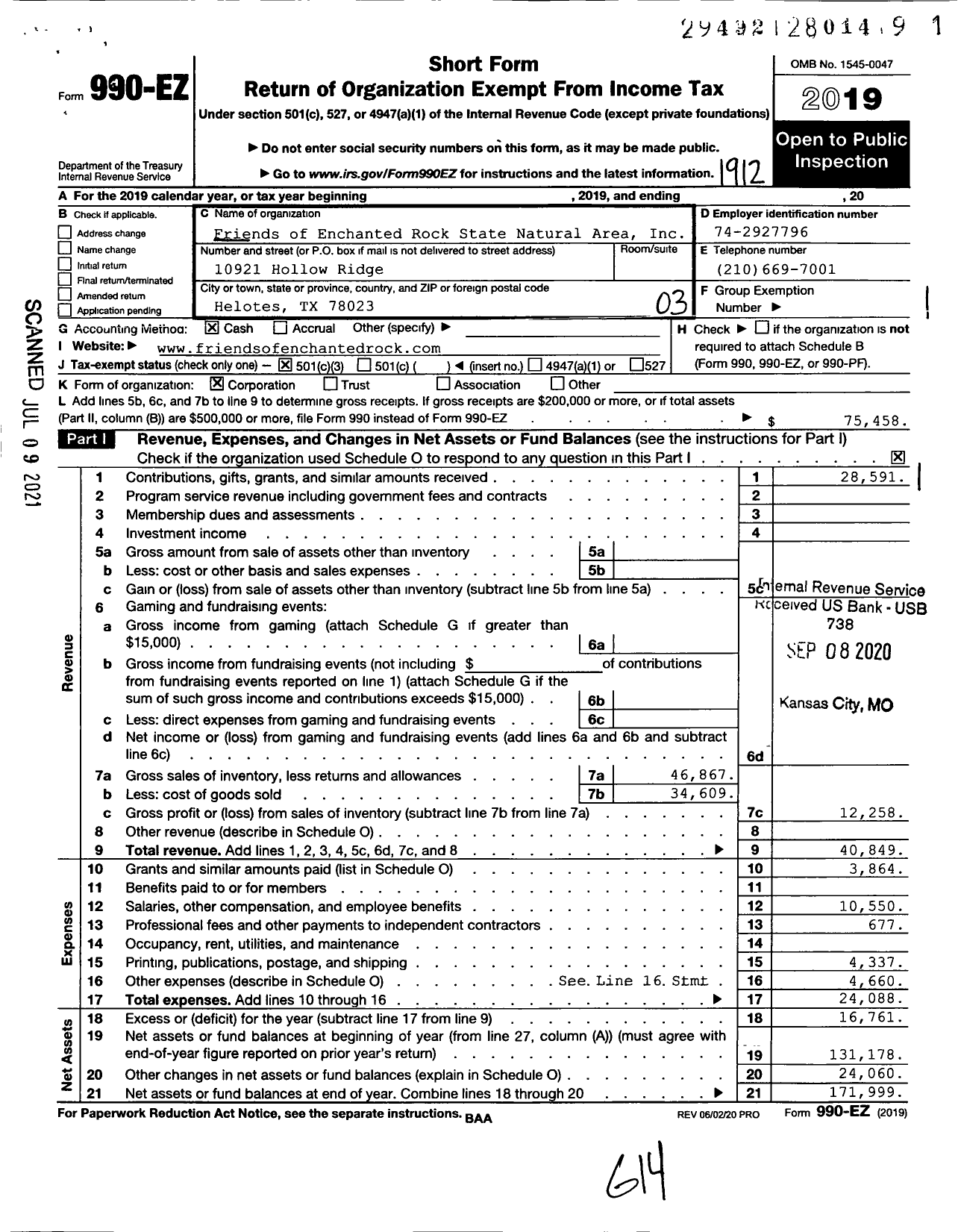 Image of first page of 2019 Form 990EZ for Friends of Enchanted Rock State Natural Area