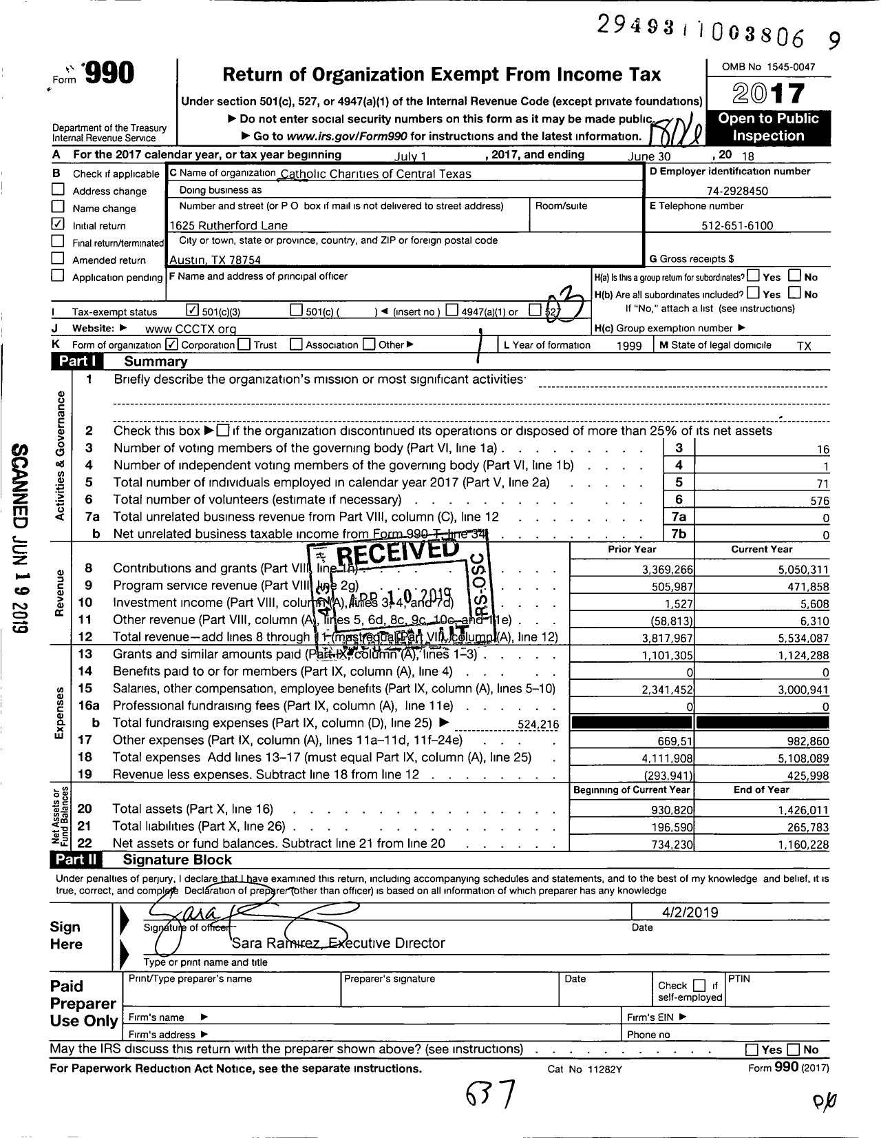 Image of first page of 2017 Form 990 for Catholic Charities of Central Texas Catholic Charities of Central Texas