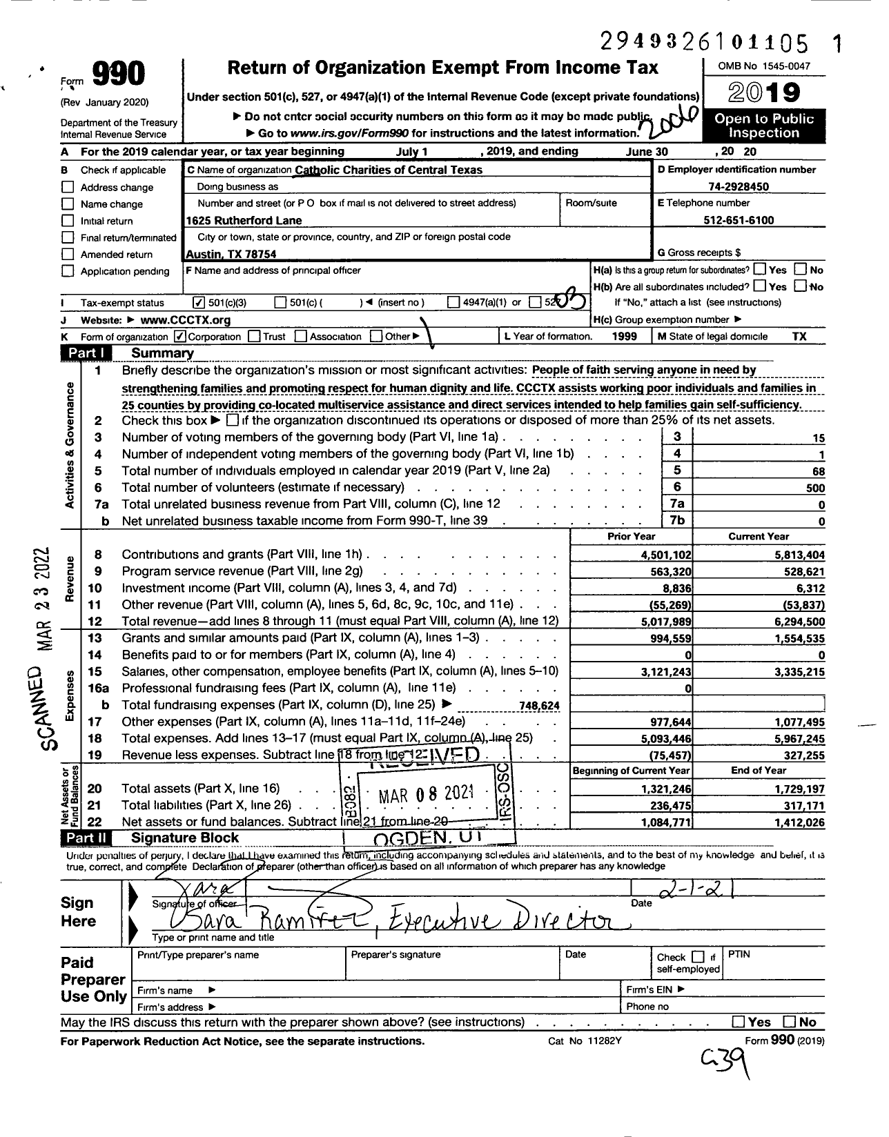 Image of first page of 2019 Form 990 for Catholic Charities of Central Texas Catholic Charities of Central Texas