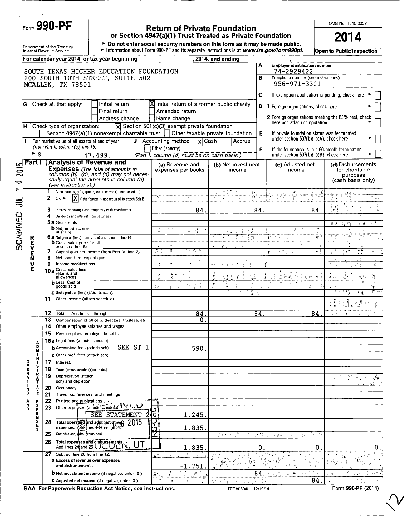 Image of first page of 2014 Form 990PF for South Texas Higher Education Foundation