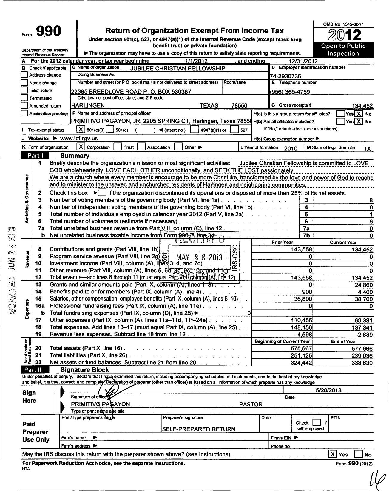 Image of first page of 2012 Form 990 for Jubilee Christian Fellowship