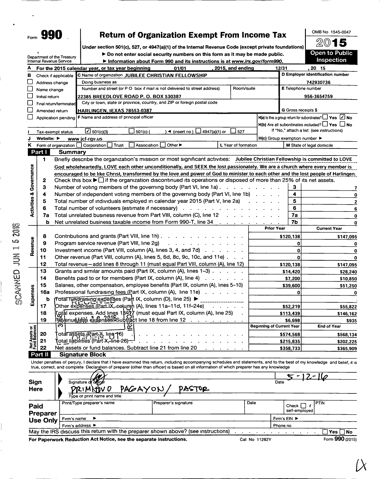 Image of first page of 2015 Form 990 for Jubilee Christian Fellowship