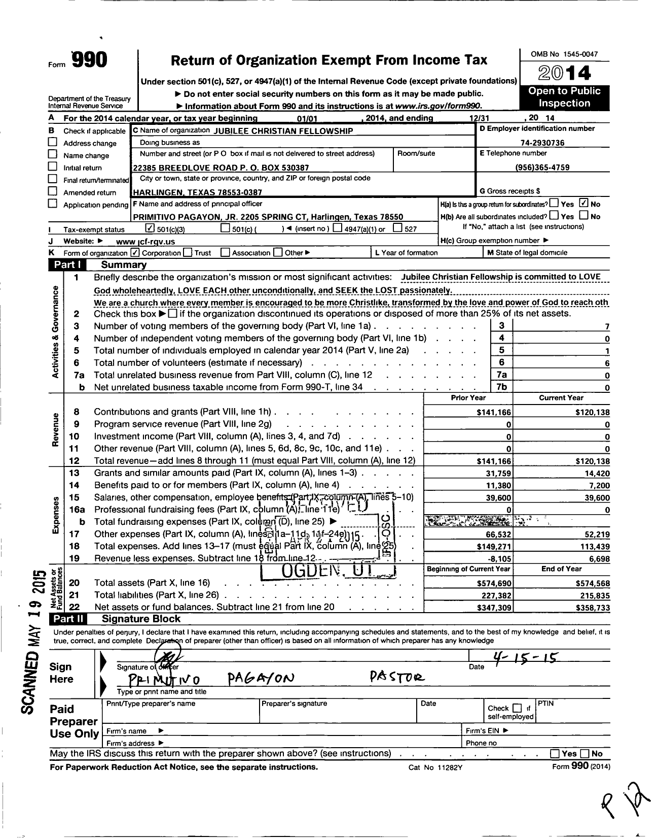 Image of first page of 2014 Form 990 for Jubilee Christian Fellowship