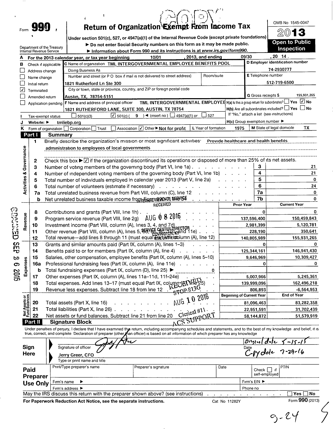 Image of first page of 2013 Form 990O for TML Intergovernmental Employee Benefits Pool