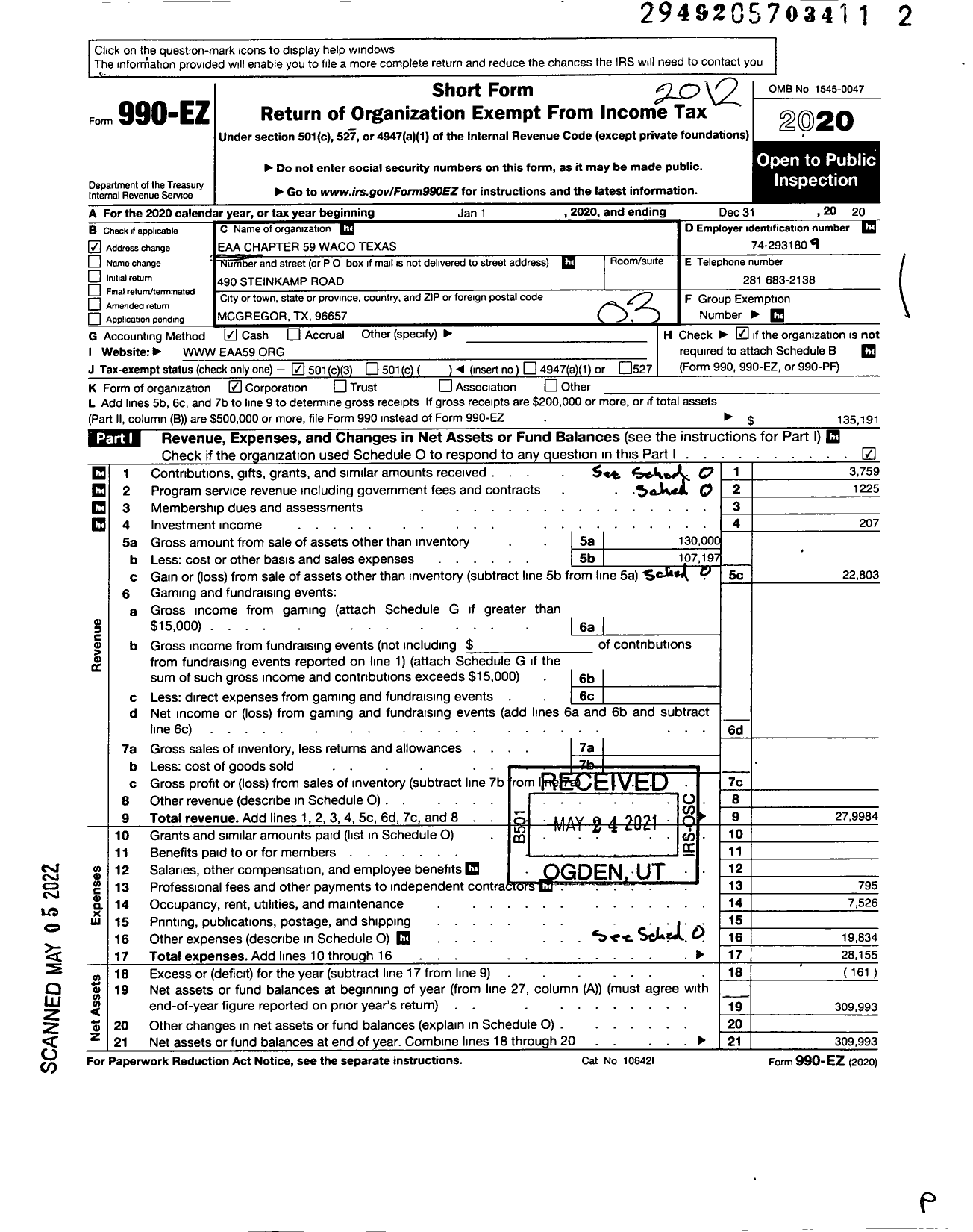 Image of first page of 2020 Form 990EZ for Eaa Chapter 59 Waco Texas