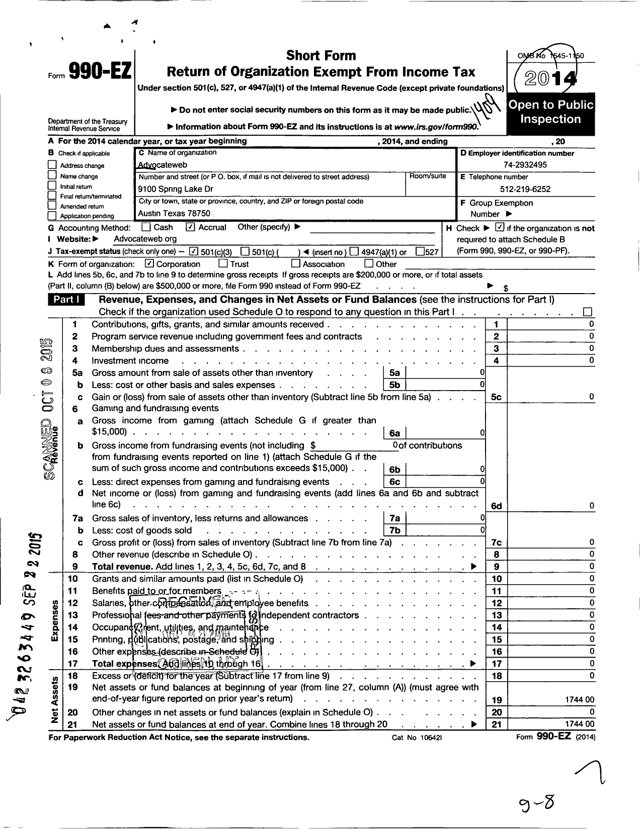 Image of first page of 2013 Form 990EZ for Advocateweb