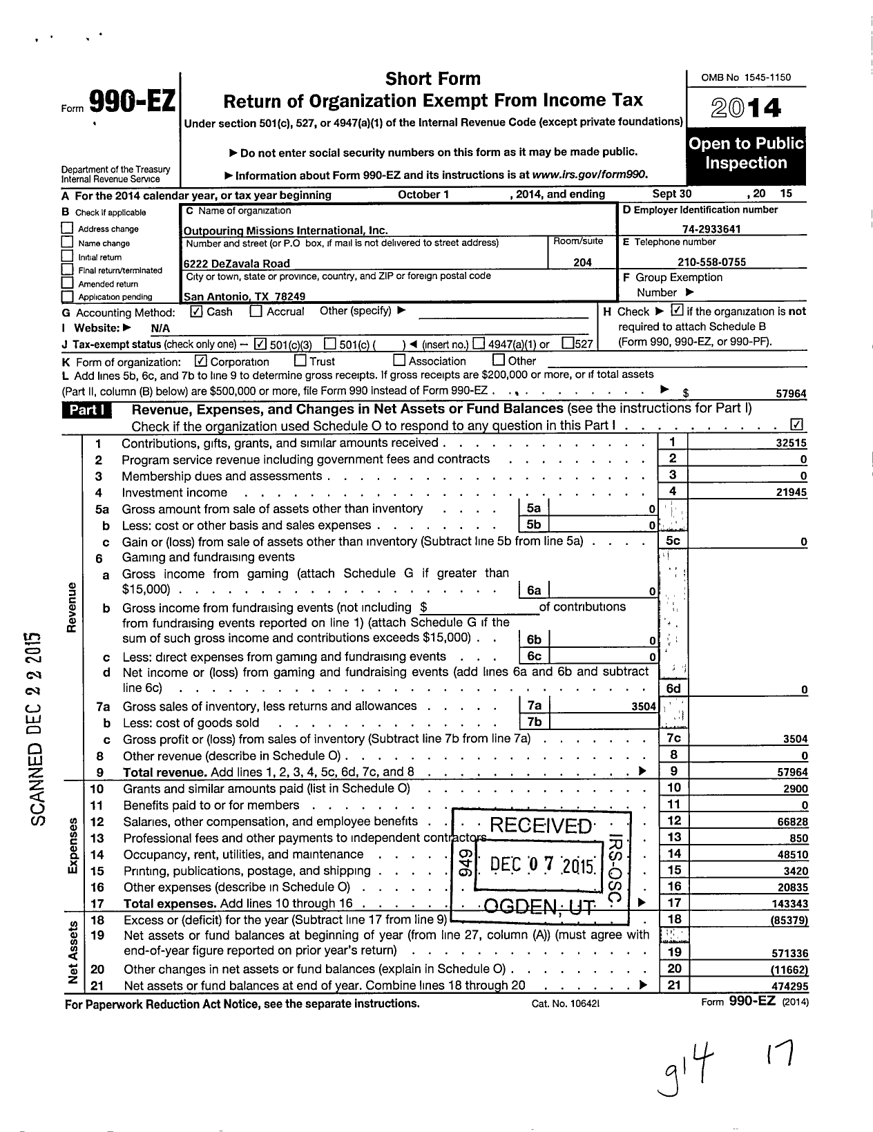 Image of first page of 2014 Form 990EZ for Outpouring Missions International