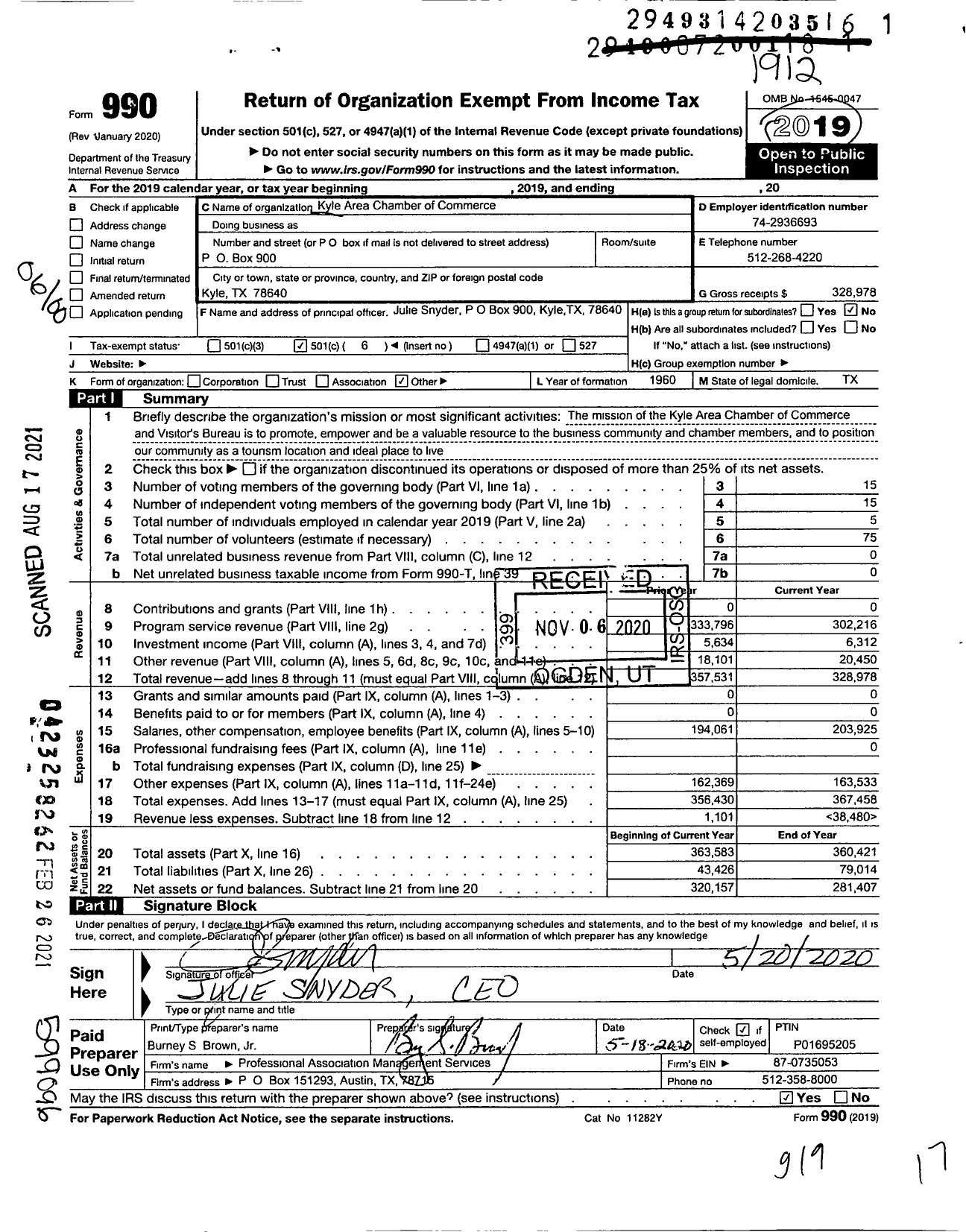 Image of first page of 2019 Form 990O for Kyle Chamber of Commerce