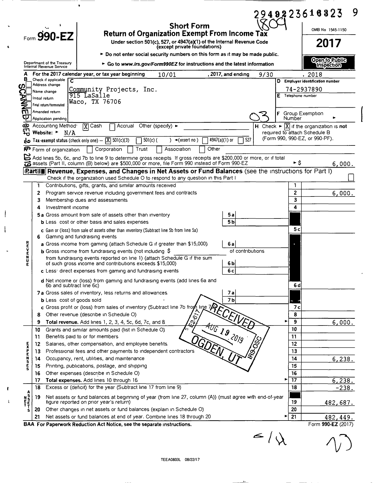 Image of first page of 2017 Form 990EZ for Cen-Tex Community Projects