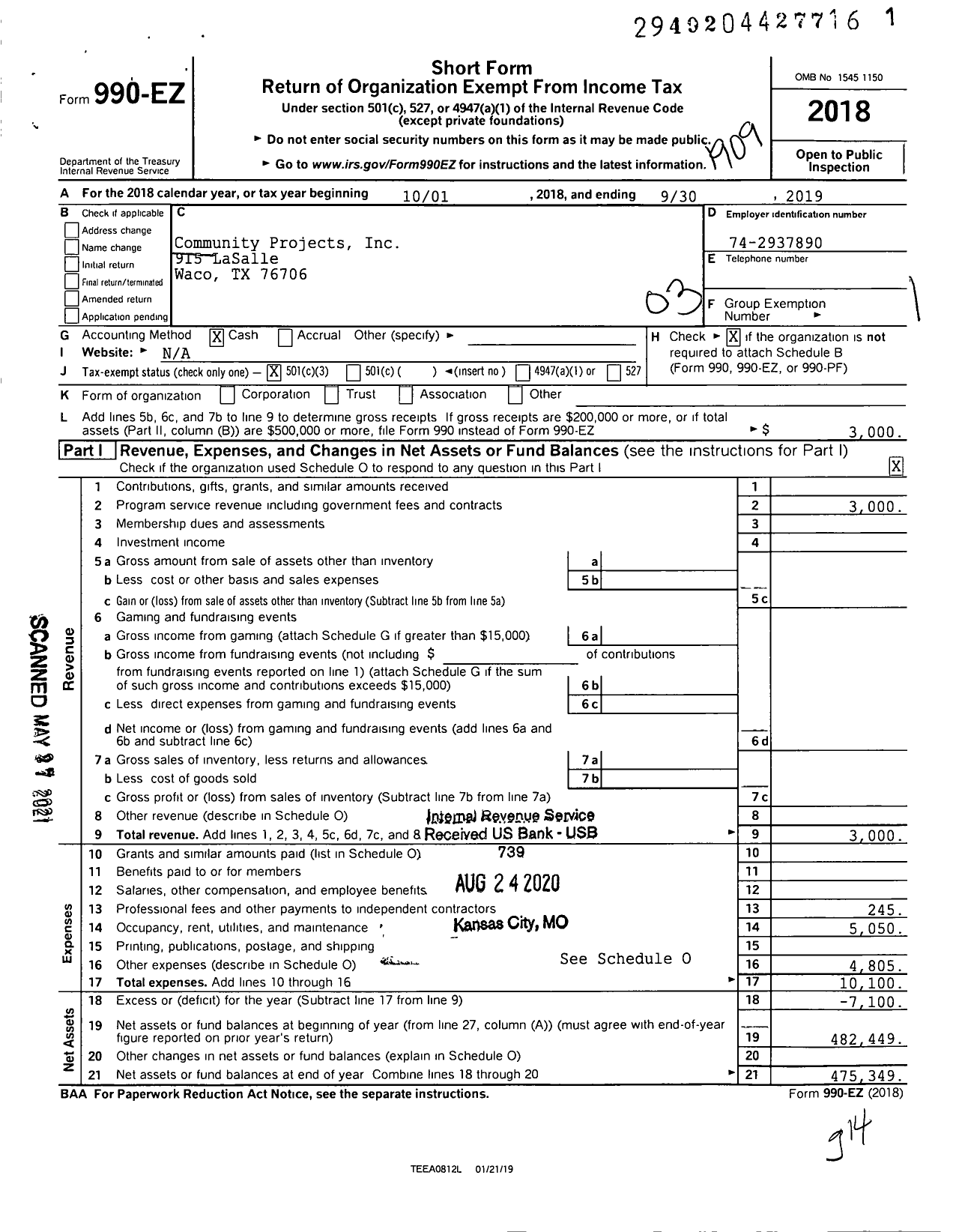 Image of first page of 2018 Form 990EZ for Cen-Tex Community Projects