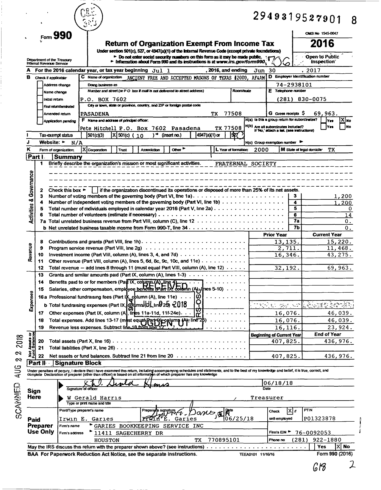 Image of first page of 2016 Form 990O for Freemasons in Texas - Tranquility Lodge #2000