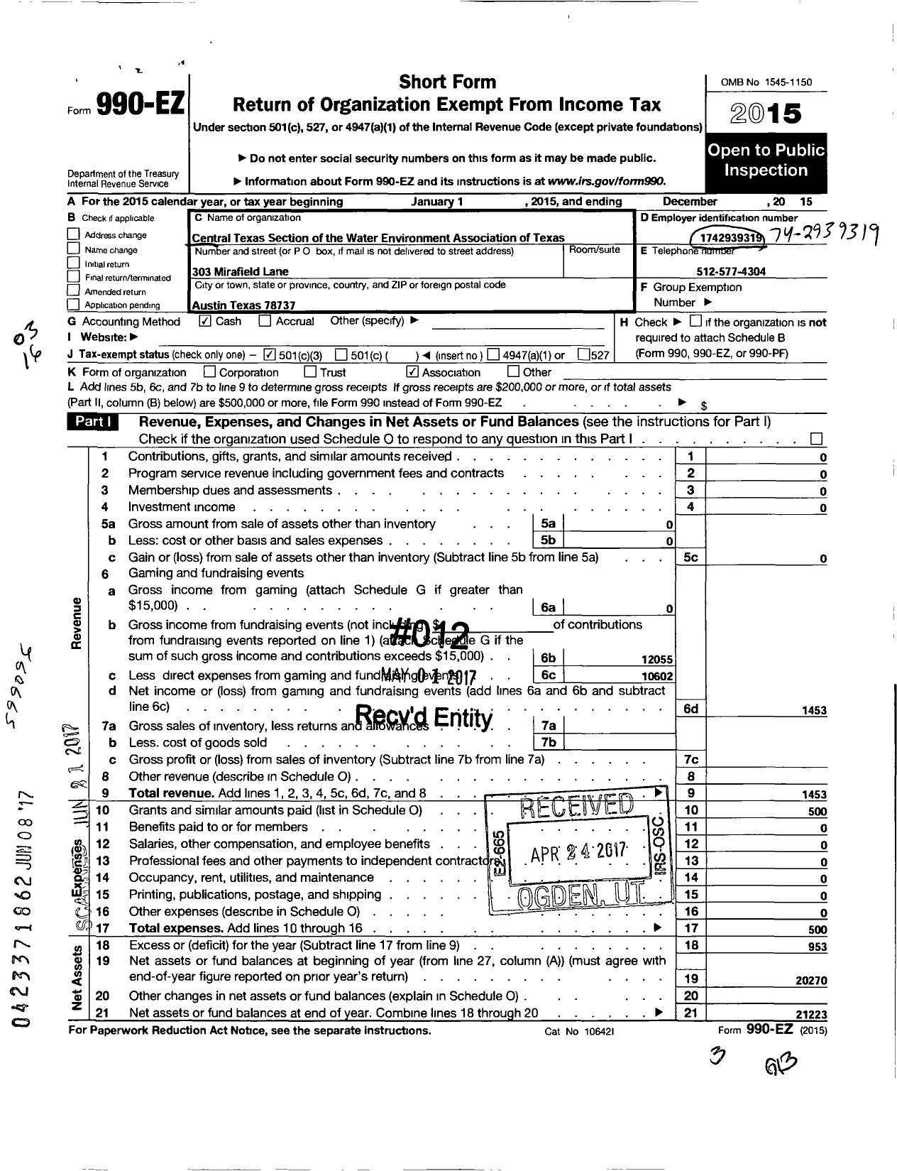 Image of first page of 2015 Form 990EZ for Central Texas Section of the Water Environment Association of TX