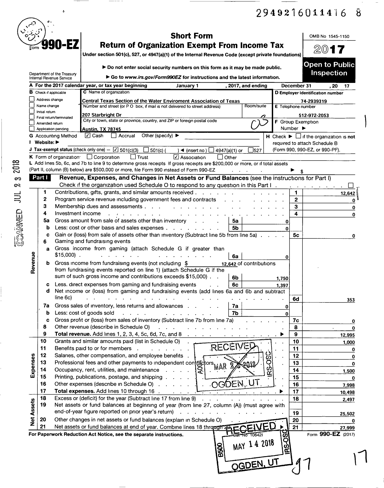 Image of first page of 2017 Form 990EZ for Central Texas Section of the Water Environment Association of TX