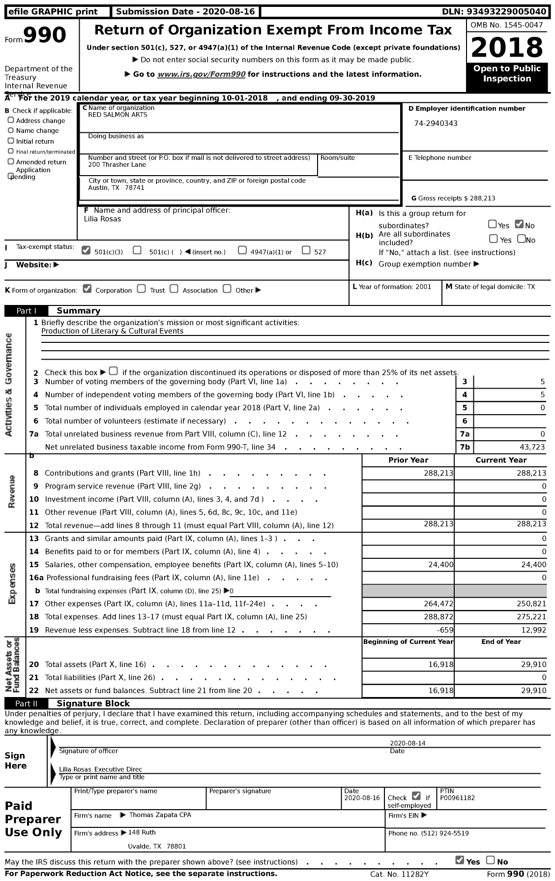 Image of first page of 2018 Form 990 for Red Salmon Arts