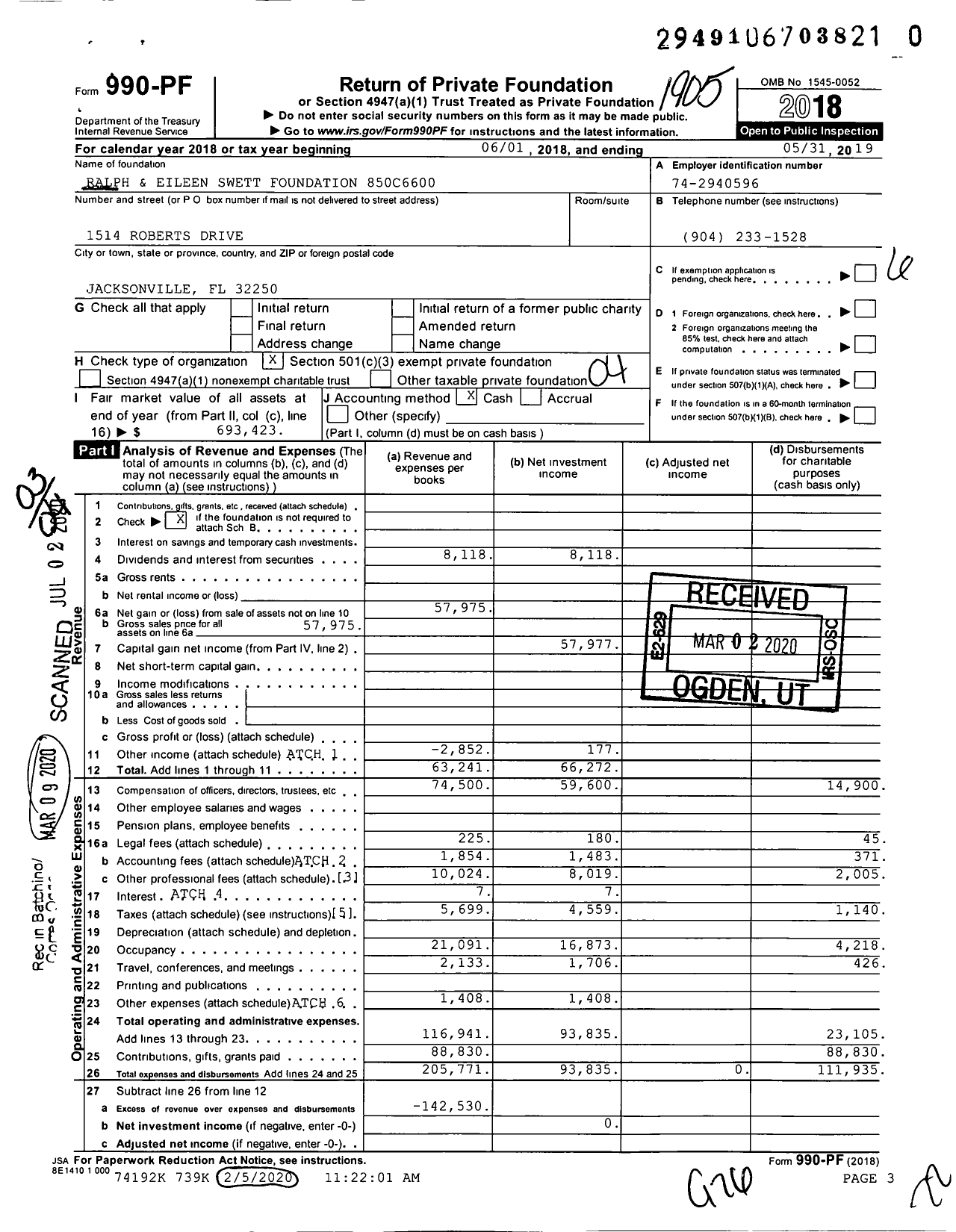 Image of first page of 2018 Form 990PR for Ralph & Eileen Swett Foundation 850C6600