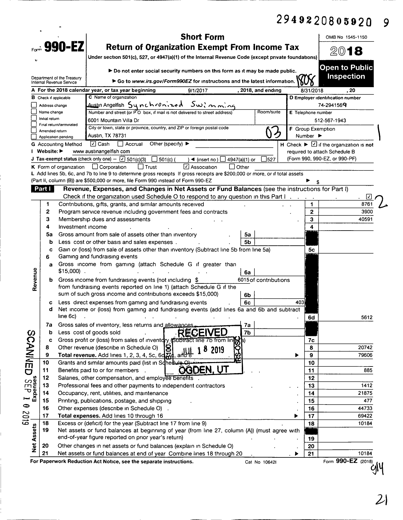 Image of first page of 2017 Form 990EZ for Austin Angelfish Synchronized Swimming