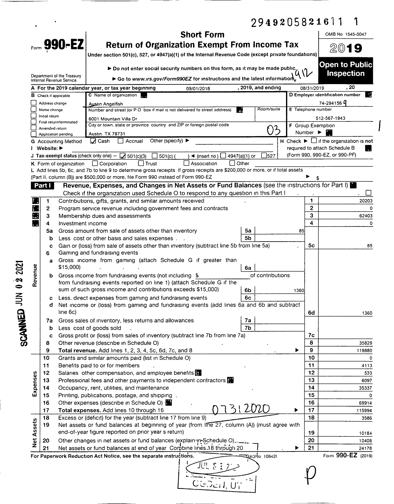 Image of first page of 2019 Form 990EZ for Austin Angelfish Synchronized Swimming