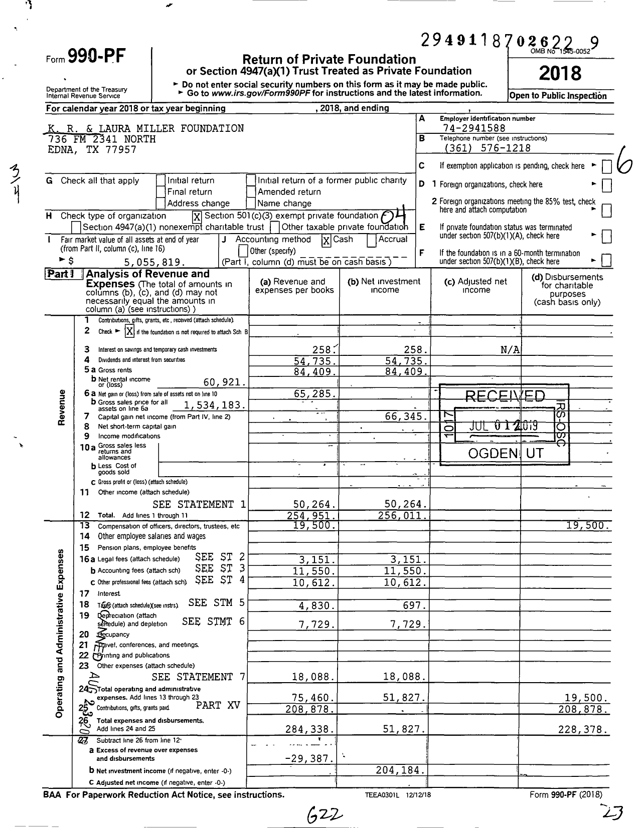 Image of first page of 2018 Form 990PF for K R and Laura Miller Foundation