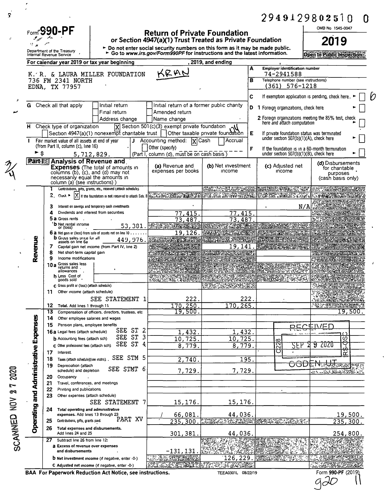 Image of first page of 2019 Form 990PF for K R and Laura Miller Foundation