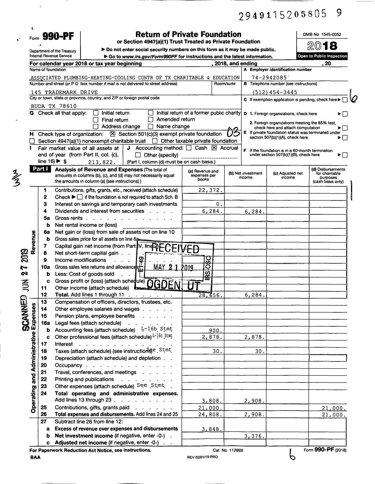 Image of first page of 2018 Form 990PF for Associated Plumbing-Heating-Cooling Contr of TX Charitable and Education