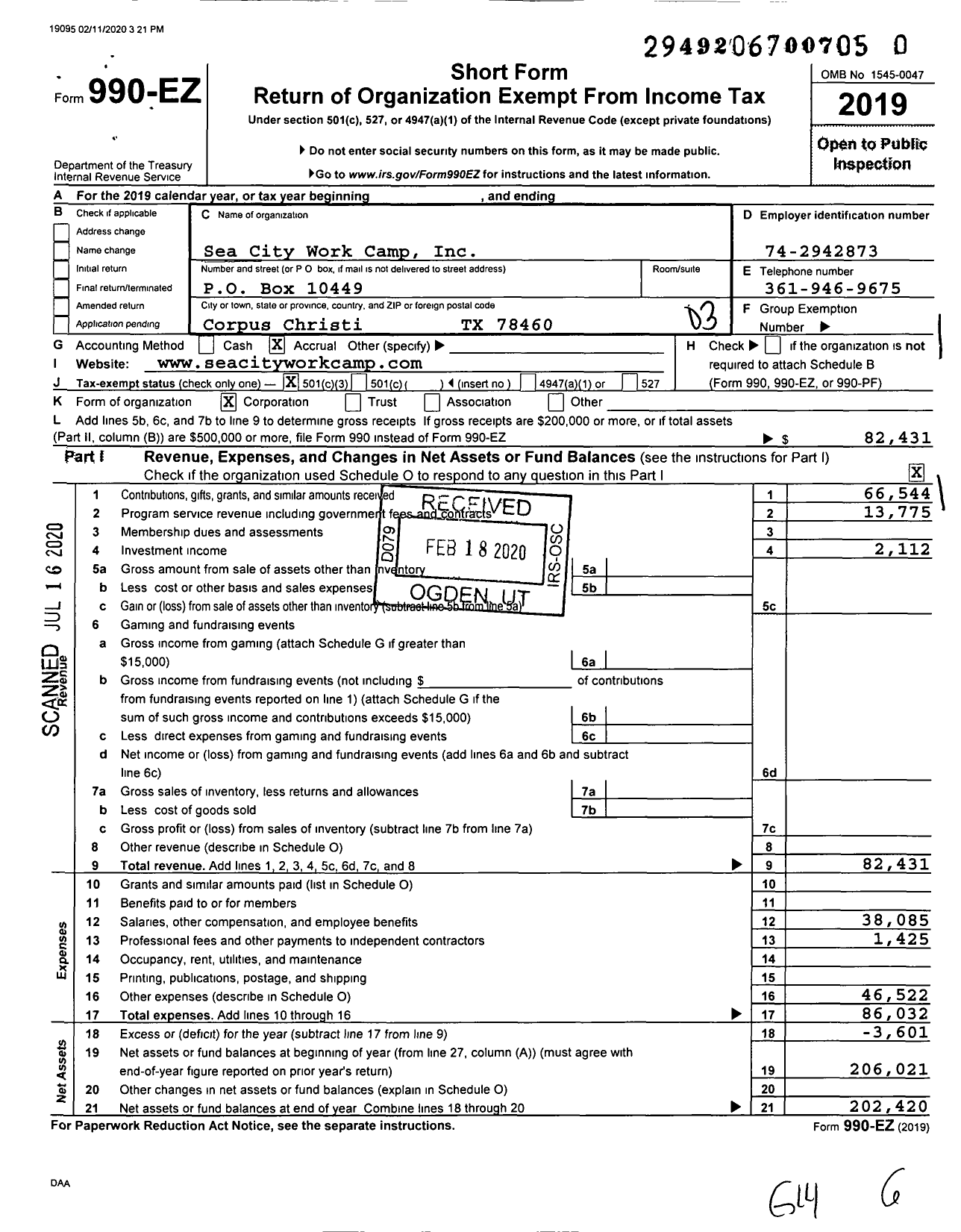 Image of first page of 2019 Form 990EZ for Sea City Work Camp