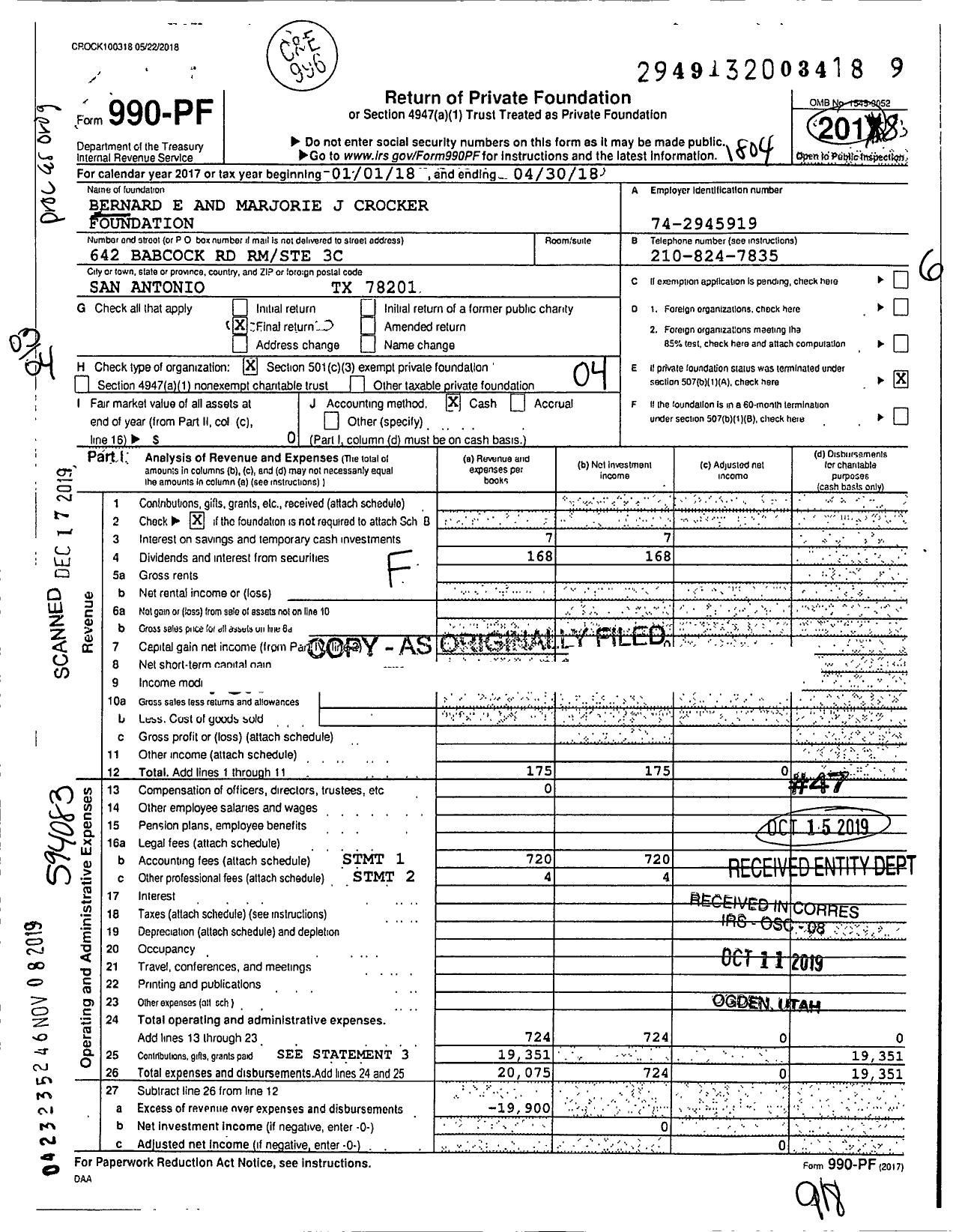 Image of first page of 2017 Form 990PF for Bernard E and Marjorie J Crocker Foundation