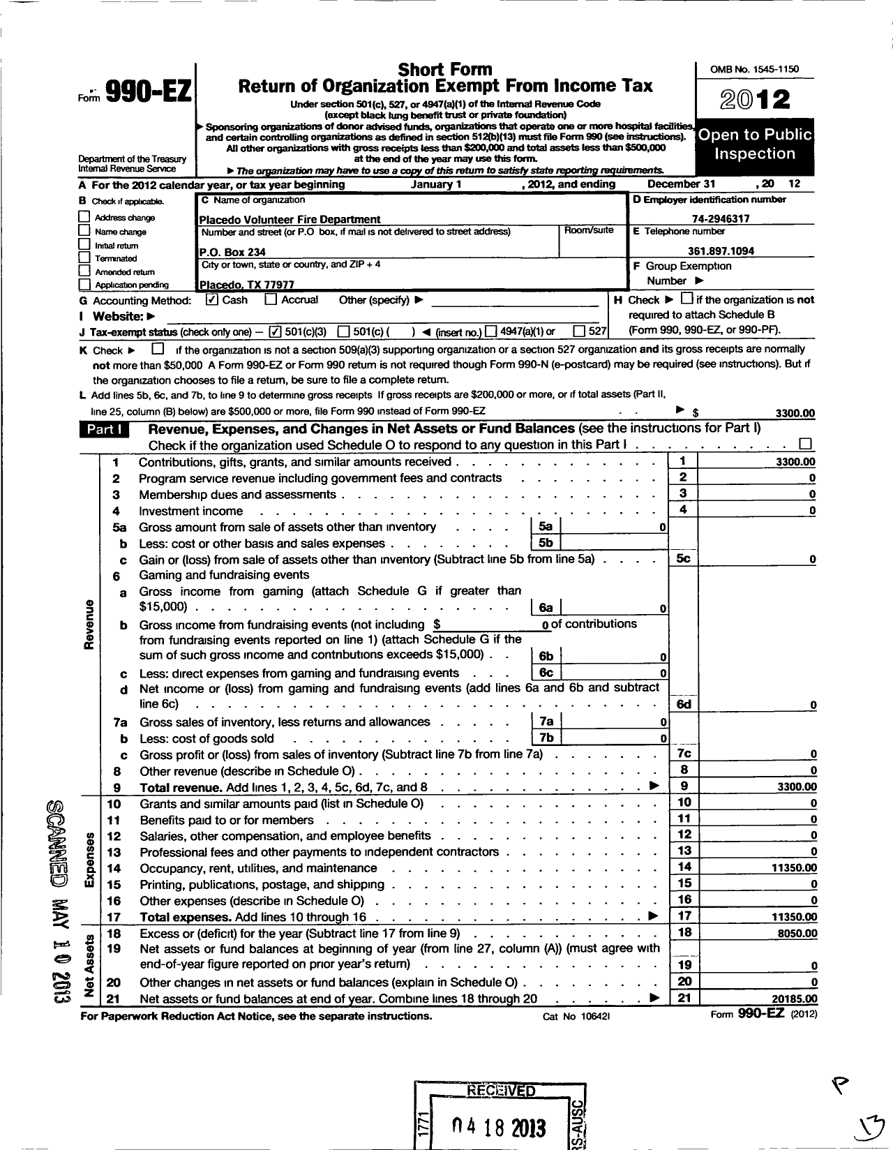 Image of first page of 2012 Form 990EZ for Placedo Volunteer Fire Department