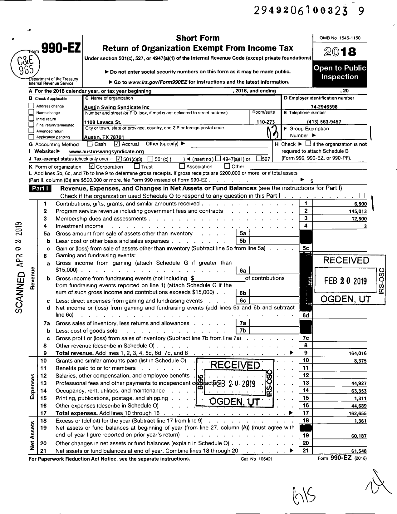 Image of first page of 2018 Form 990EZ for Austin Swing Syndicate