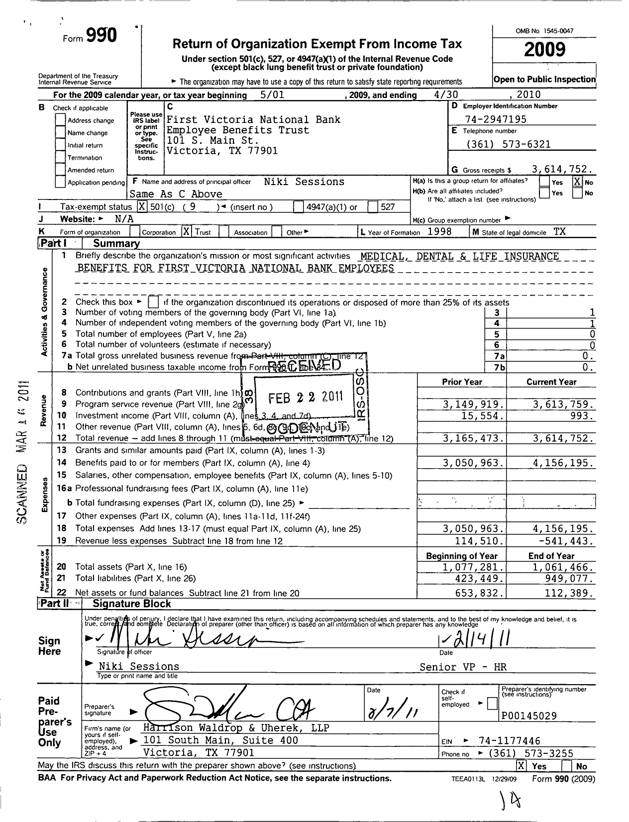 Image of first page of 2009 Form 990O for First Victoria National Bank Employee Benefits Trust