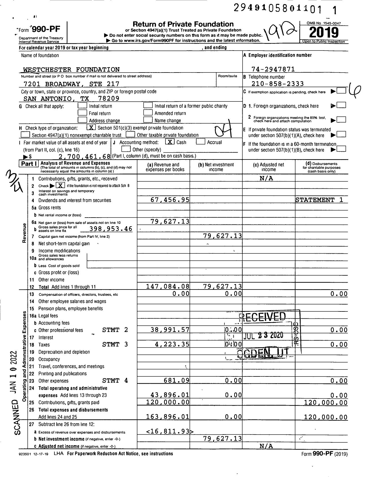 Image of first page of 2019 Form 990PF for Westchester Foundation