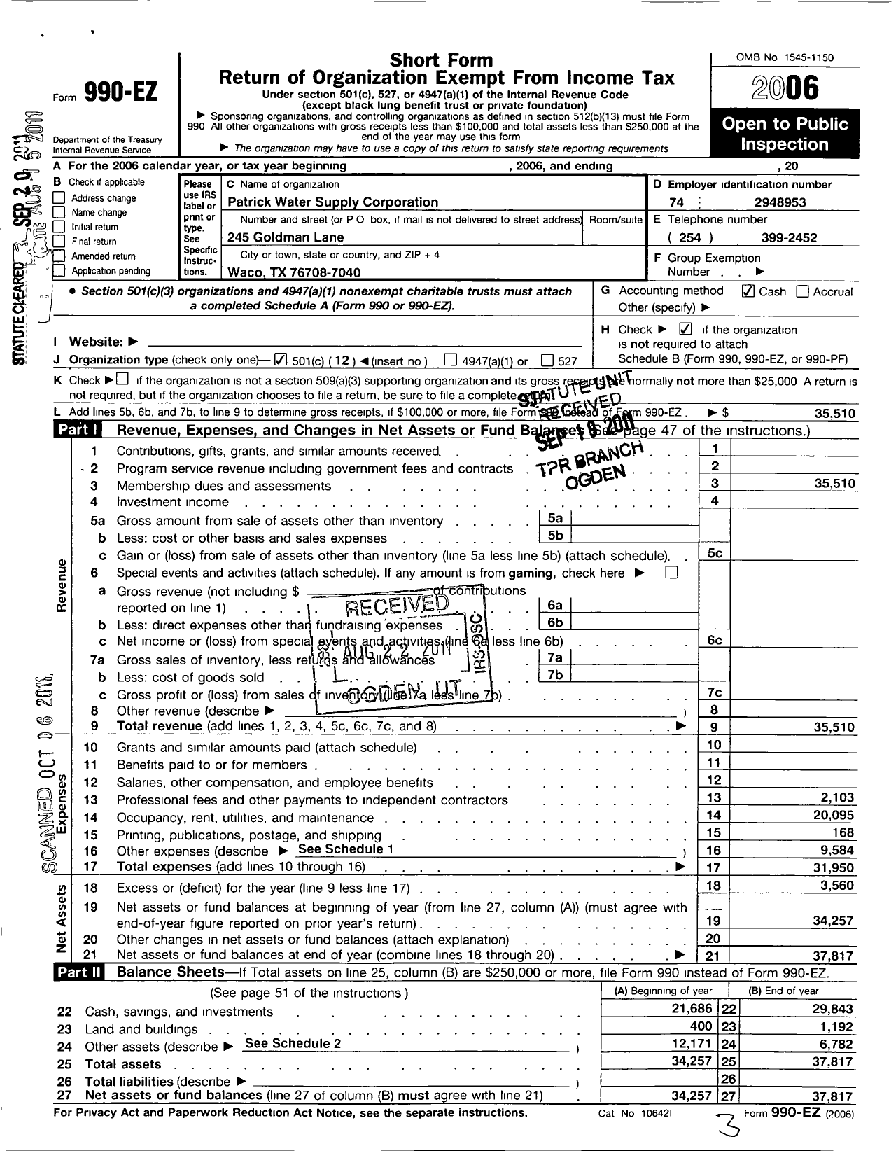 Image of first page of 2006 Form 990EO for Patrick Water Supply Corporation