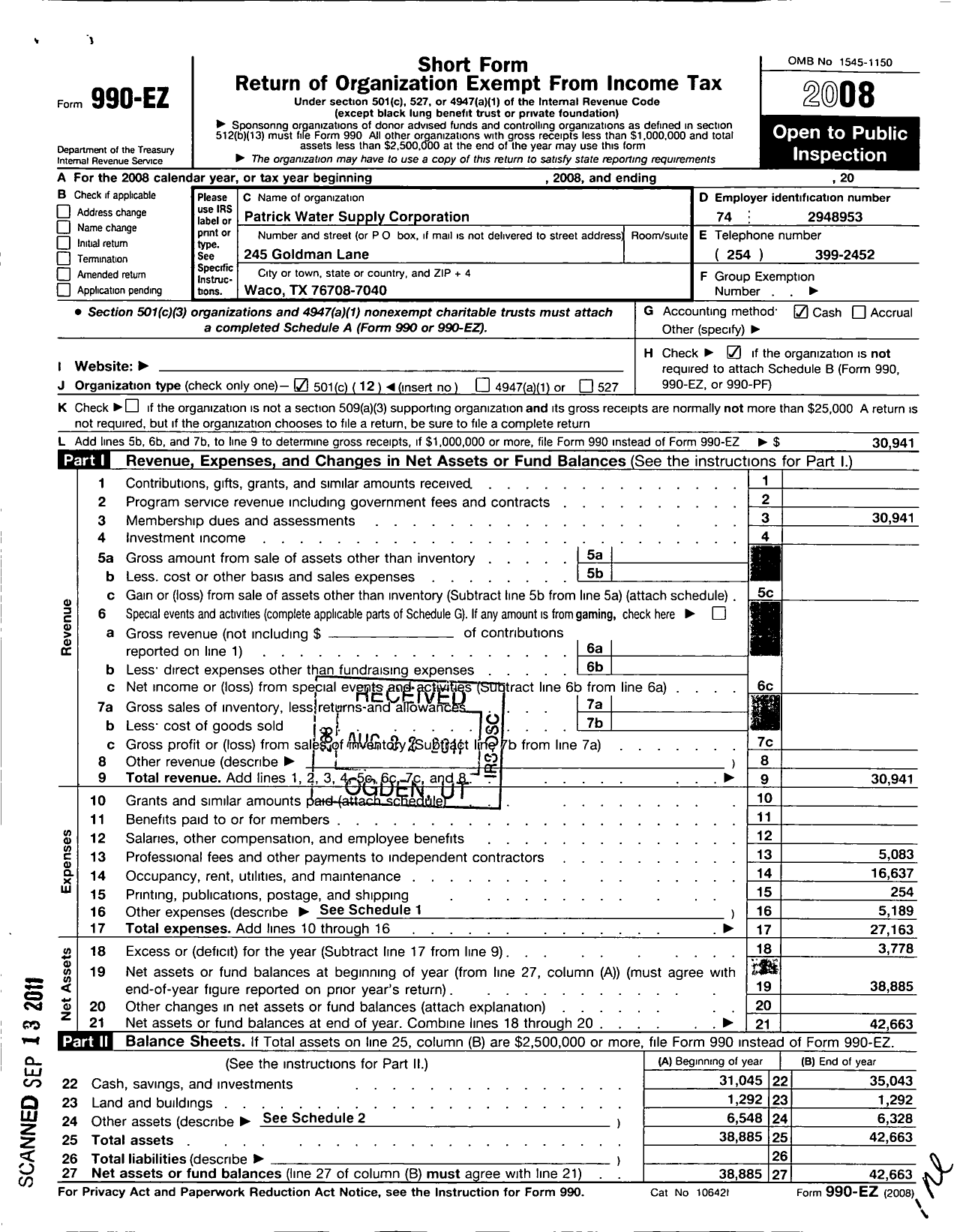 Image of first page of 2008 Form 990EO for Patrick Water Supply Corporation