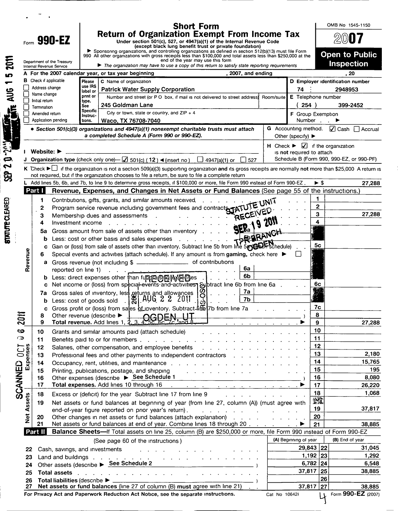 Image of first page of 2007 Form 990EO for Patrick Water Supply Corporation