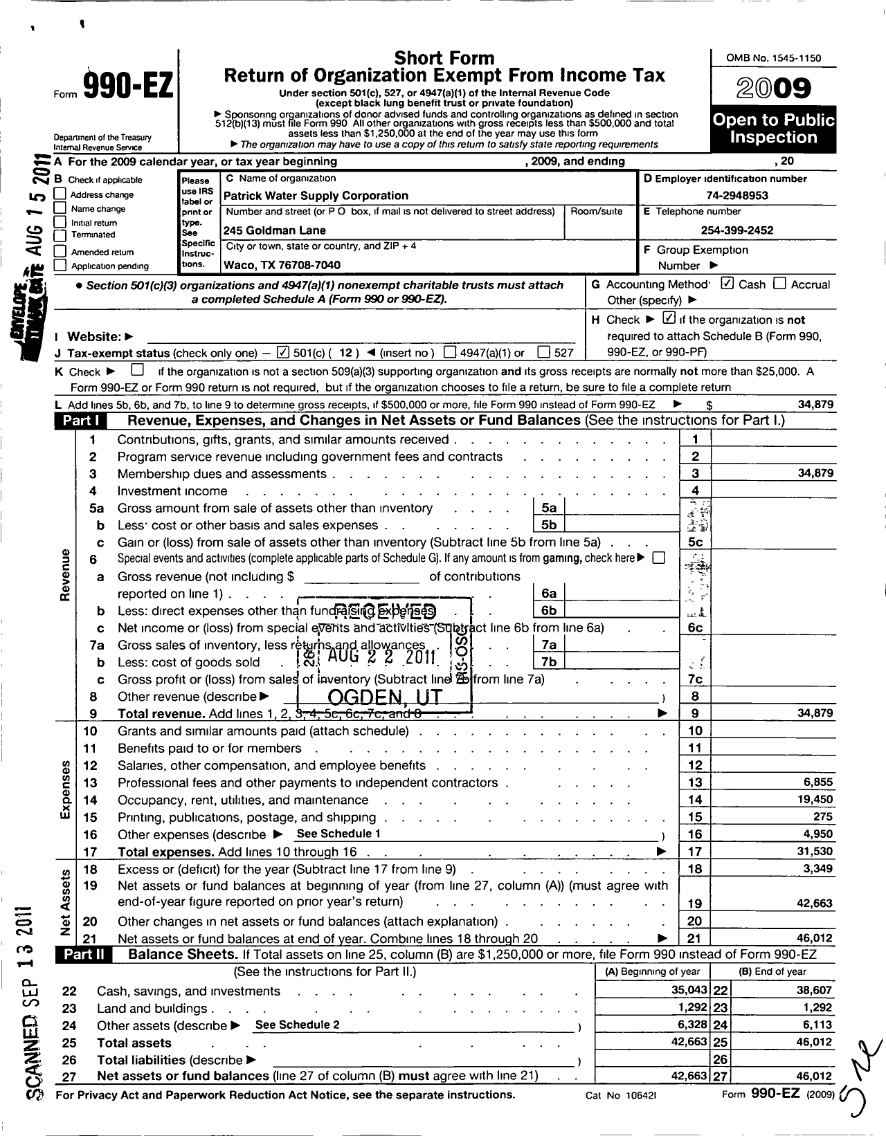 Image of first page of 2009 Form 990EO for Patrick Water Supply Corporation